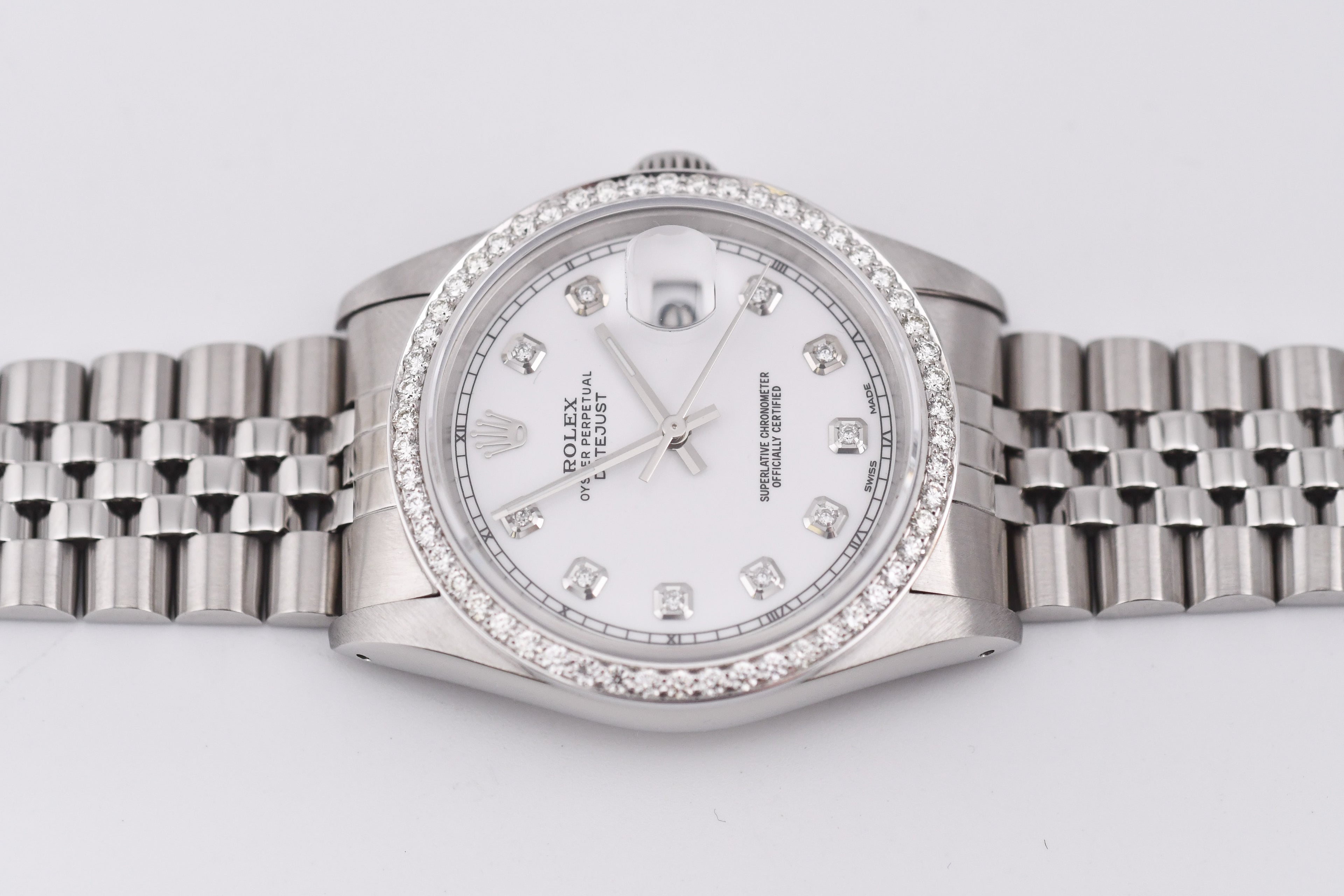 Rolex Datejust 36mm Ref 16234 Custom White Diamond Dial with Diamond Bezel