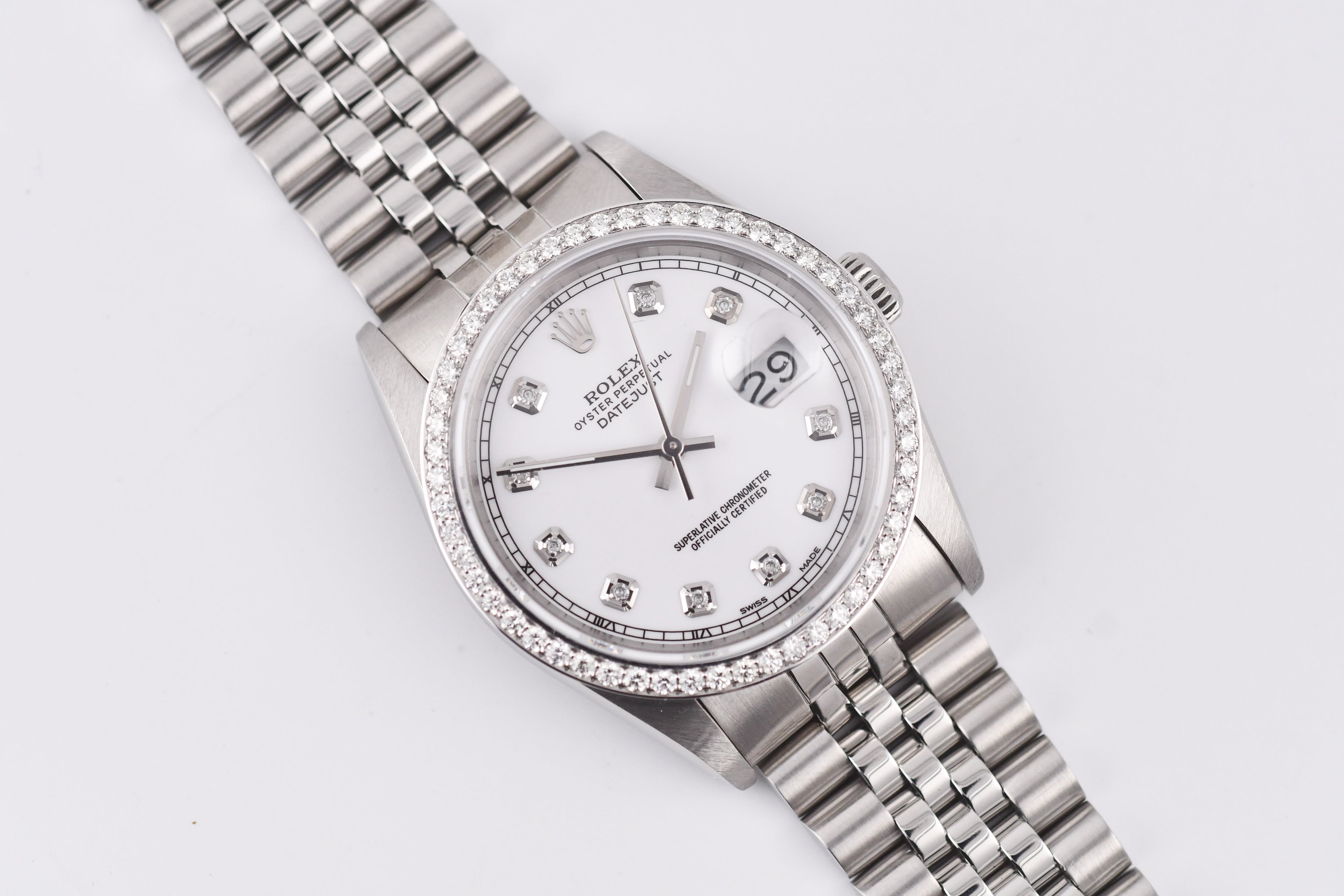 Rolex Datejust 36mm Ref 16234 Custom White Diamond Dial with Diamond Bezel