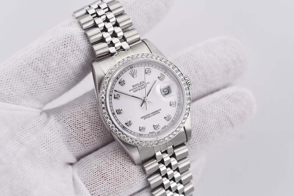 Rolex Datejust 36mm Ref 16234 Custom White Diamond Dial with Diamond Bezel