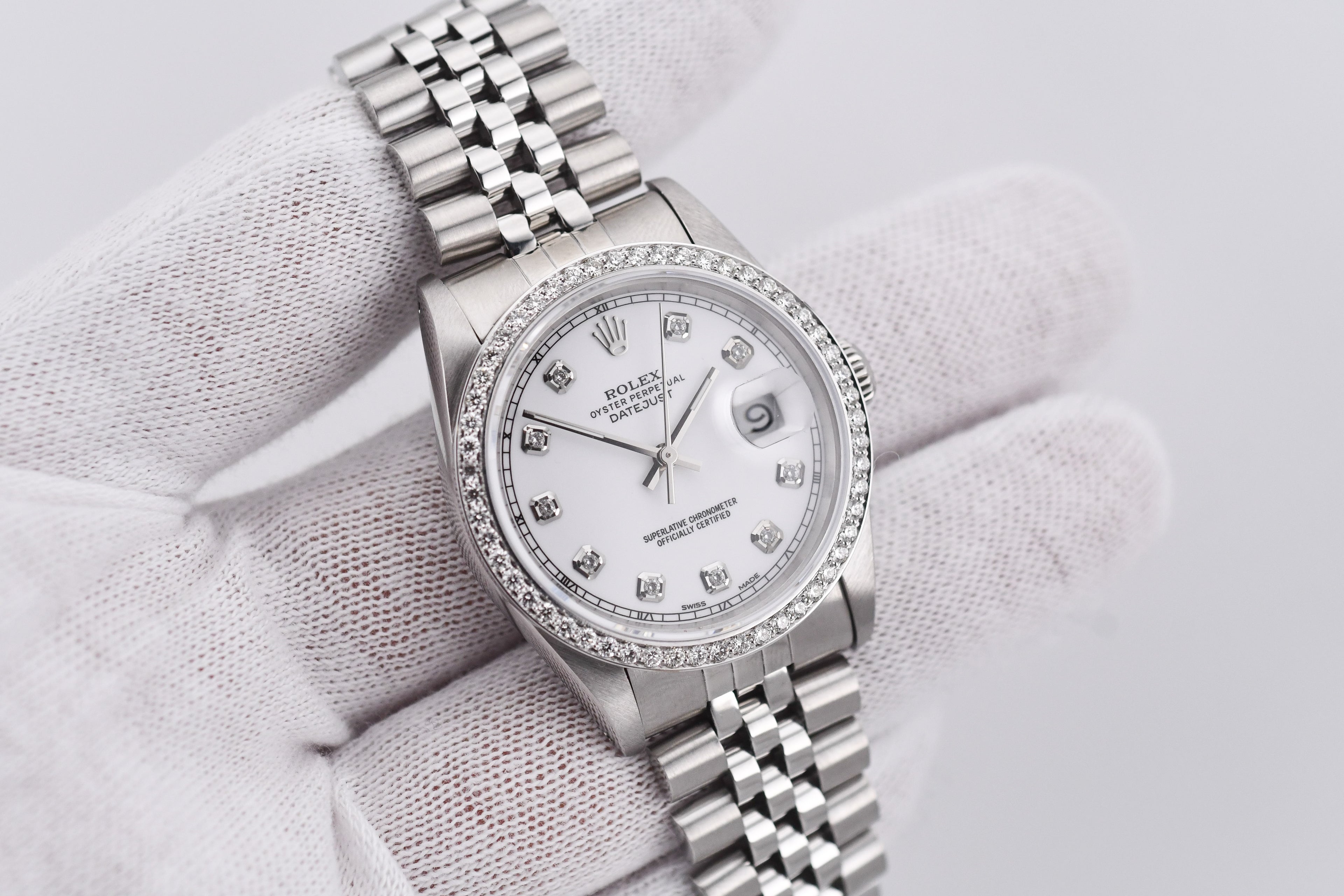 Rolex Datejust 36mm Ref 16234 Custom White Diamond Dial with Diamond Bezel
