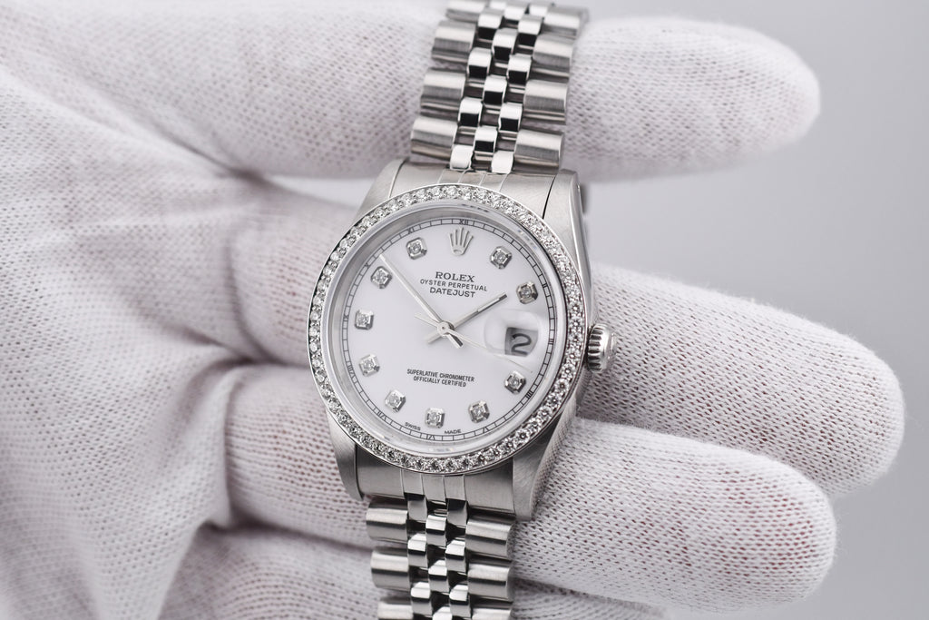 Rolex Datejust 36mm Ref 16234 Custom White Diamond Dial with Diamond Bezel