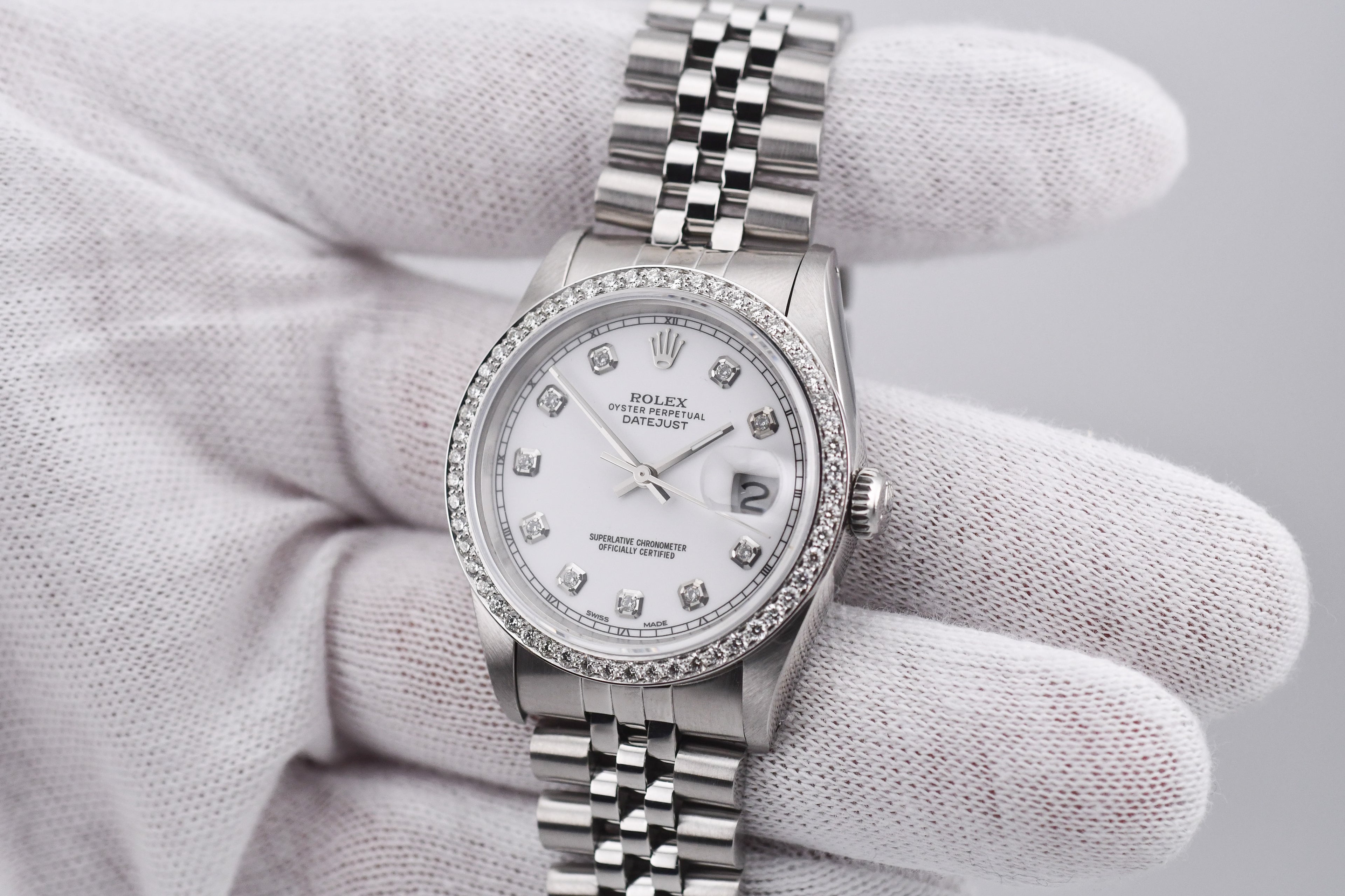 Rolex Datejust 36mm Ref 16234 Custom White Diamond Dial with Diamond Bezel