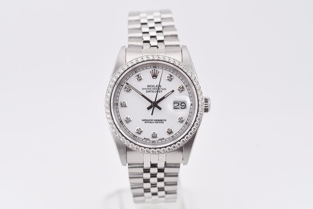 Rolex Datejust 36mm Ref 16234 Custom White Diamond Dial with Diamond Bezel
