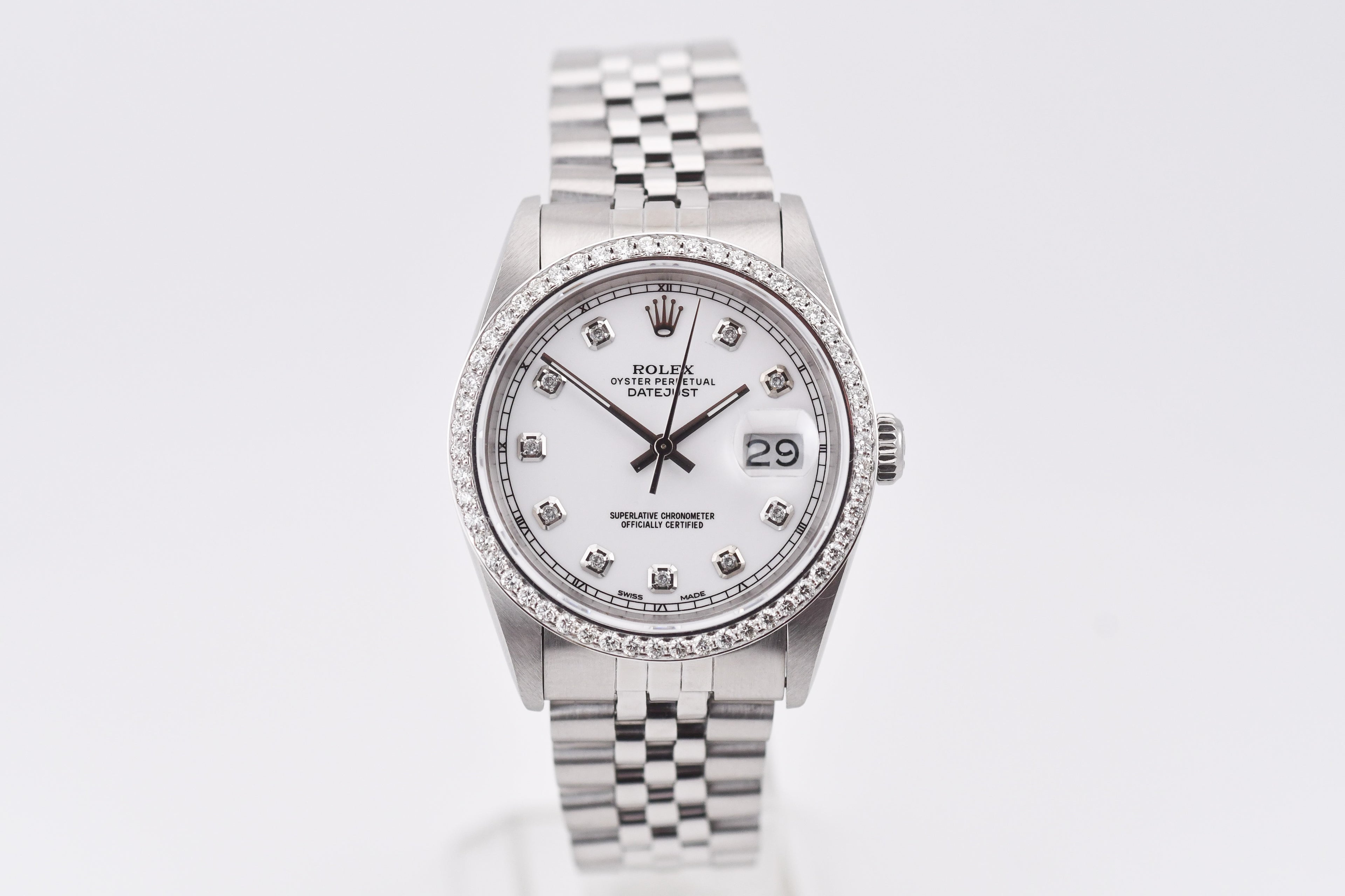 Rolex Datejust 36mm Ref 16234 Custom White Diamond Dial with Diamond Bezel