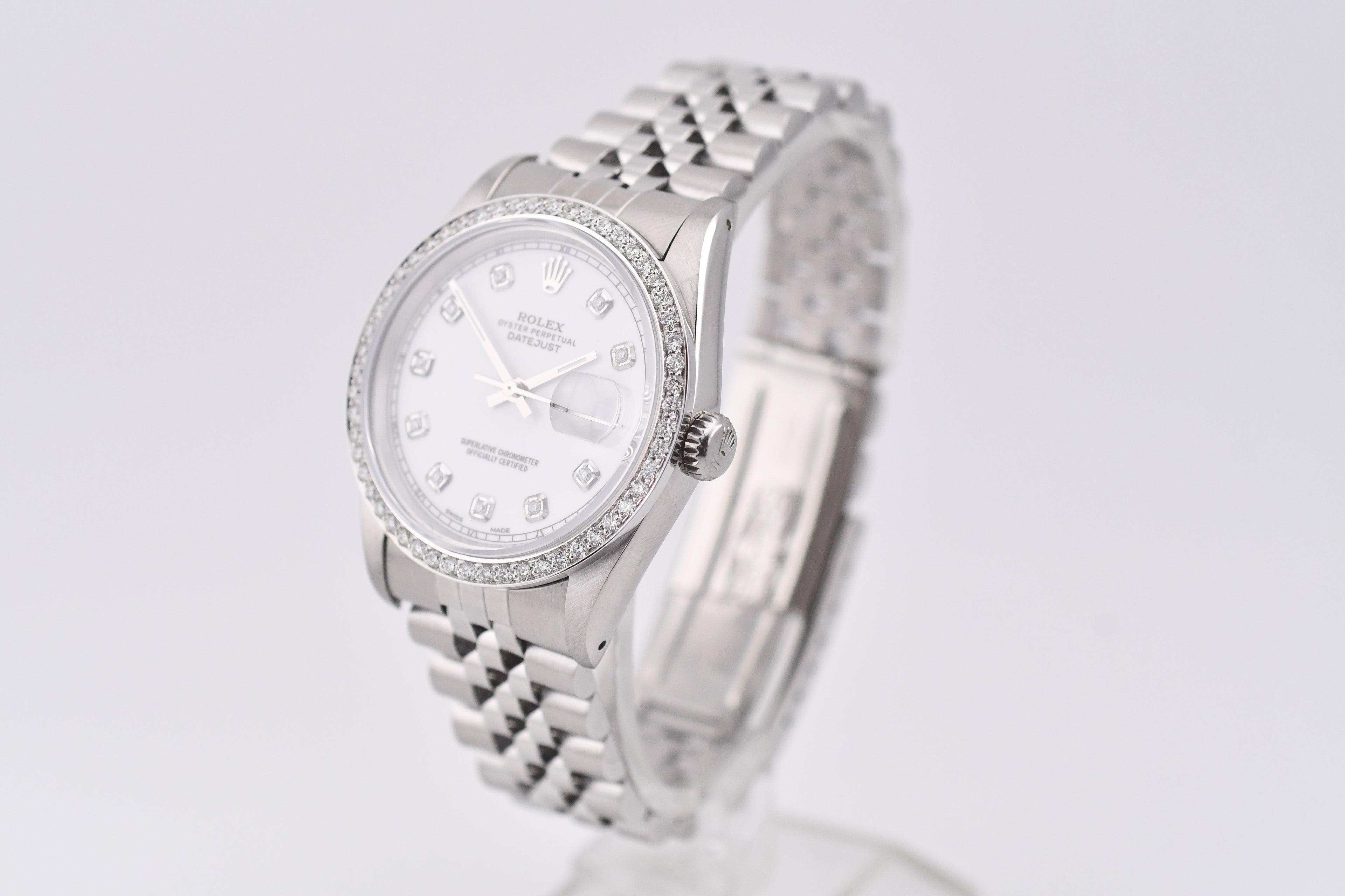 Rolex Datejust 36mm Ref 16234 Custom White Diamond Dial with Diamond Bezel