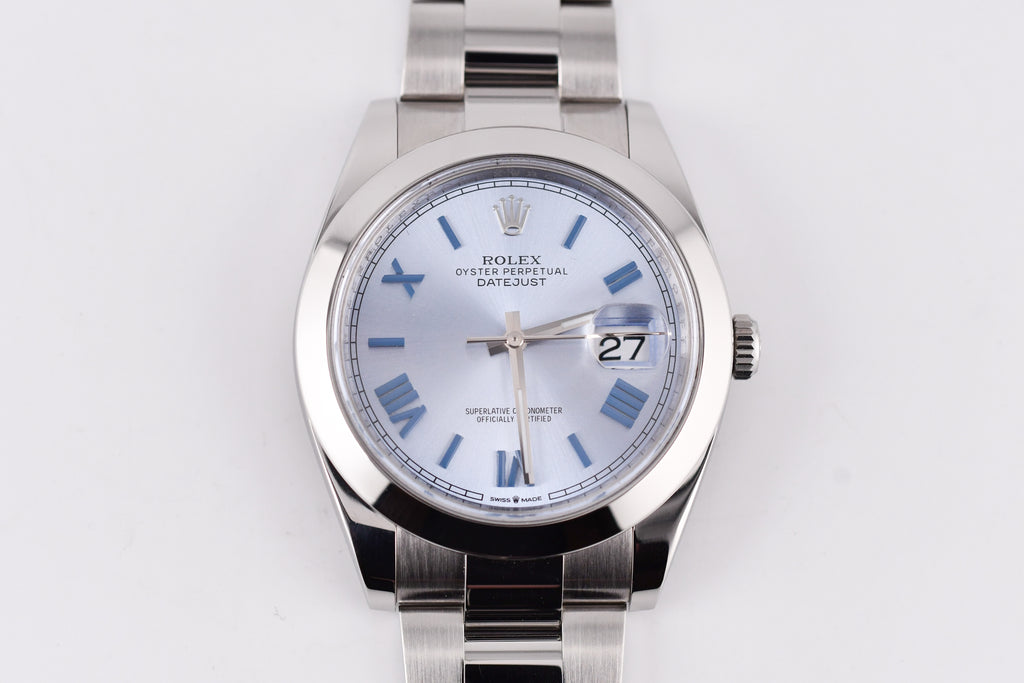 Rolex Datejust 41mm Ref 126300 Custom Ice Blue Dial with Blue Roman Numerals