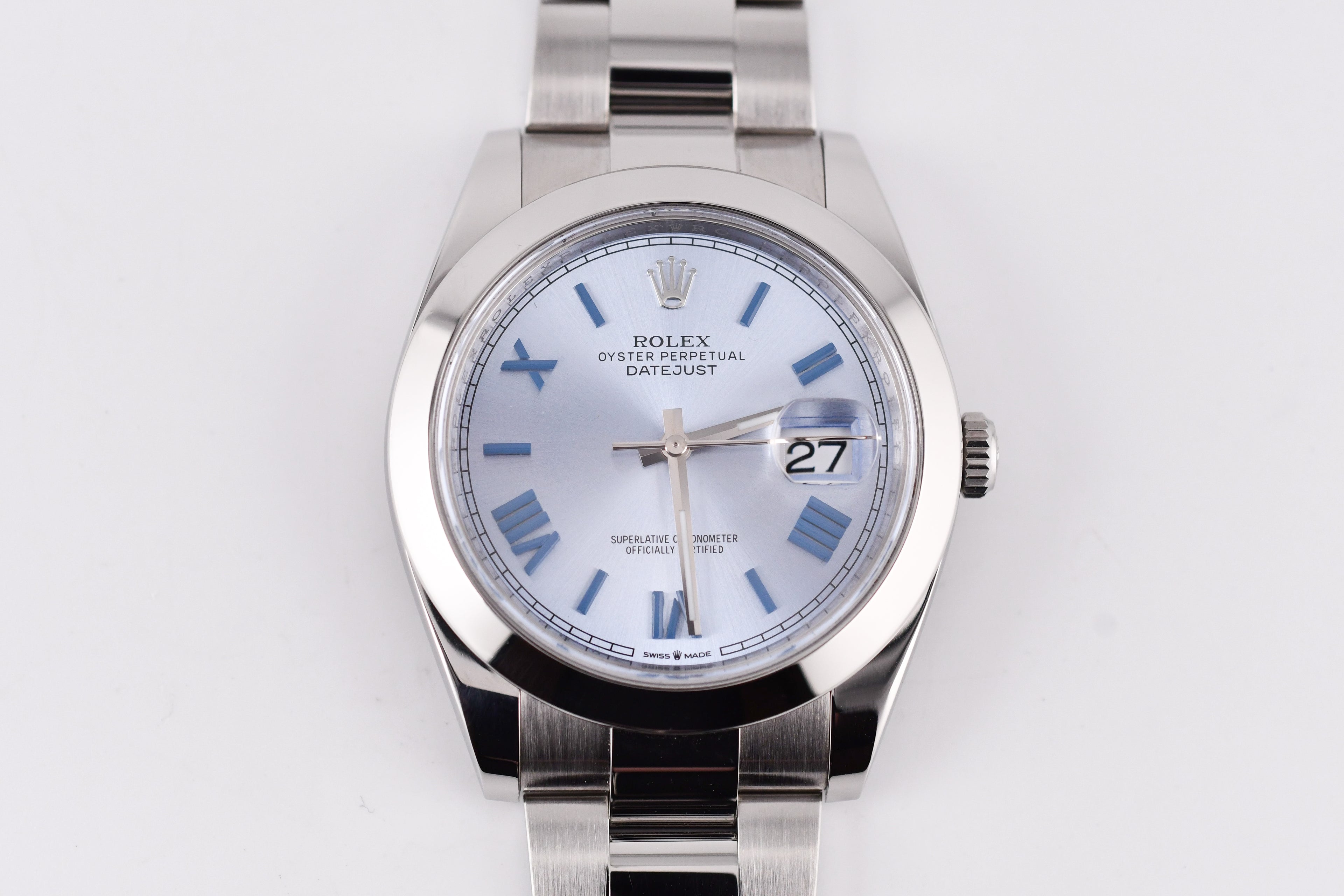 Rolex Datejust 41mm Ref 126300 Custom Ice Blue Dial with Blue Roman Numerals
