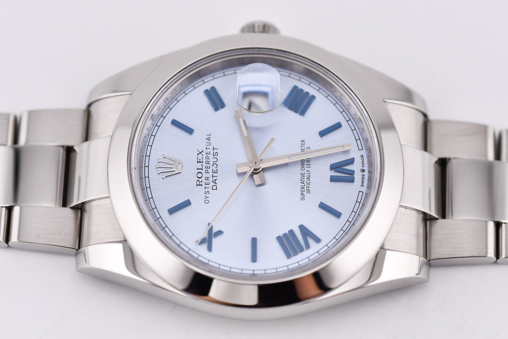 Rolex Datejust 41mm Ref 126300 Custom Ice Blue Dial with Blue Roman Numerals