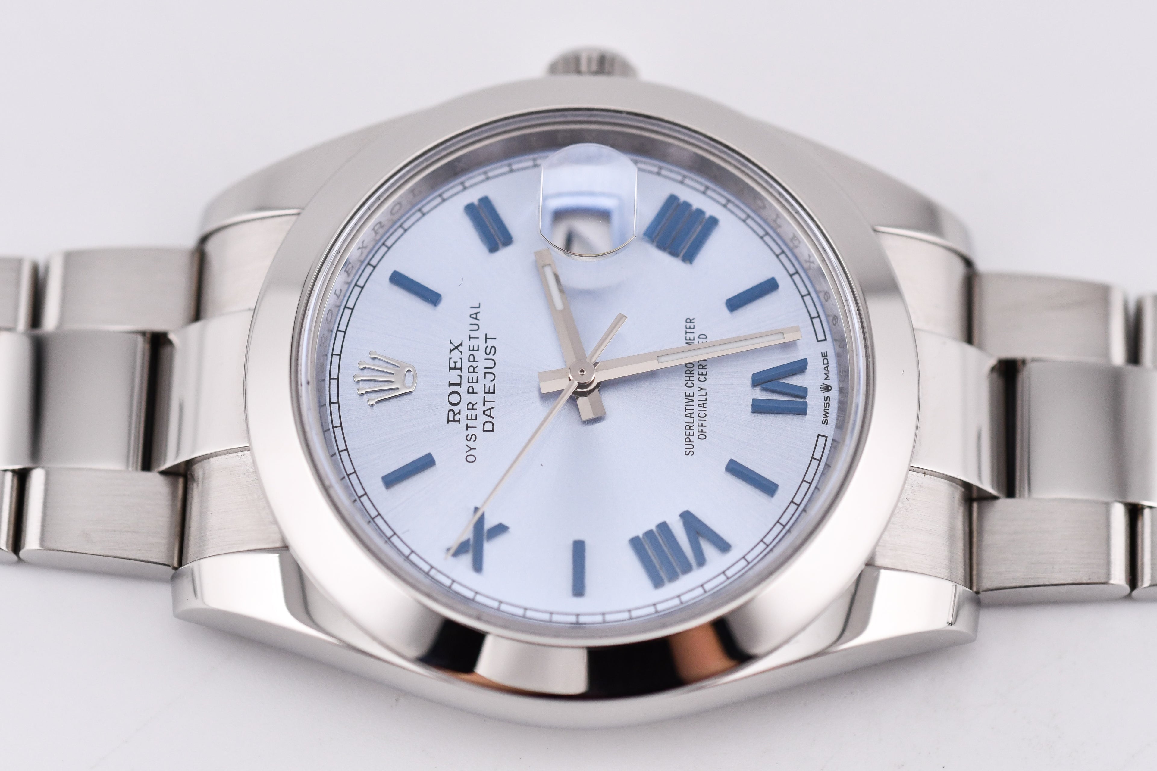 Rolex Datejust 41mm Ref 126300 Custom Ice Blue Dial with Blue Roman Numerals