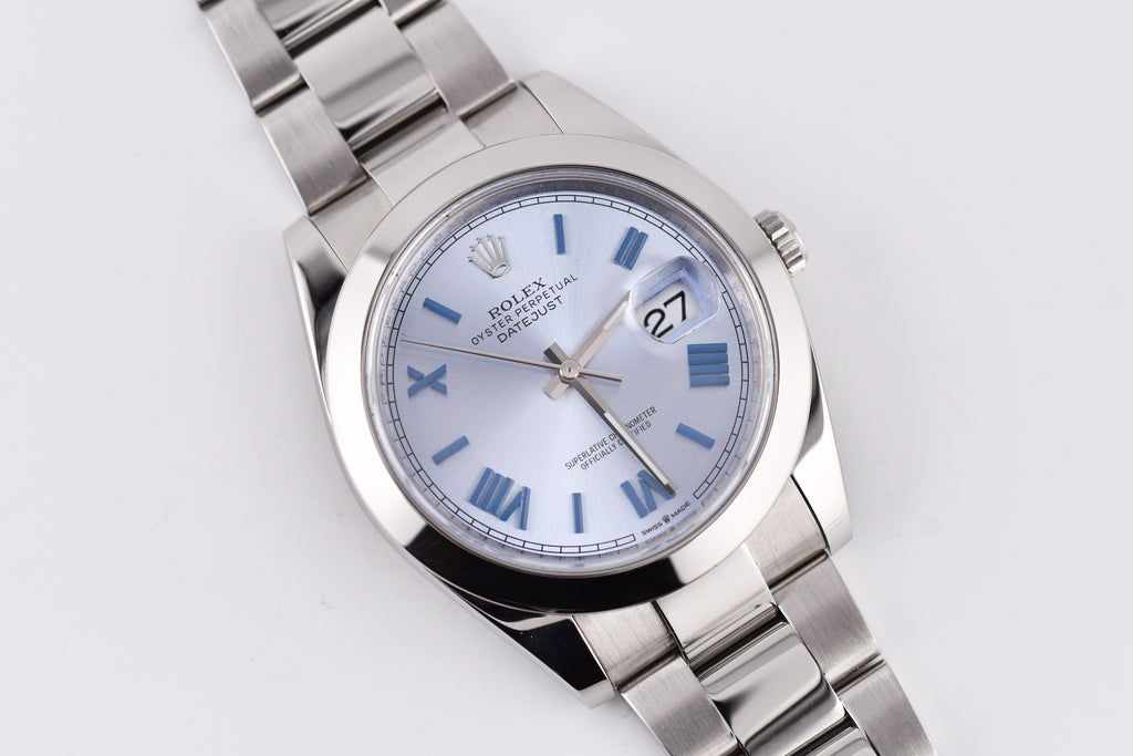 Rolex Datejust 41mm Ref 126300 Custom Ice Blue Dial with Blue Roman Numerals