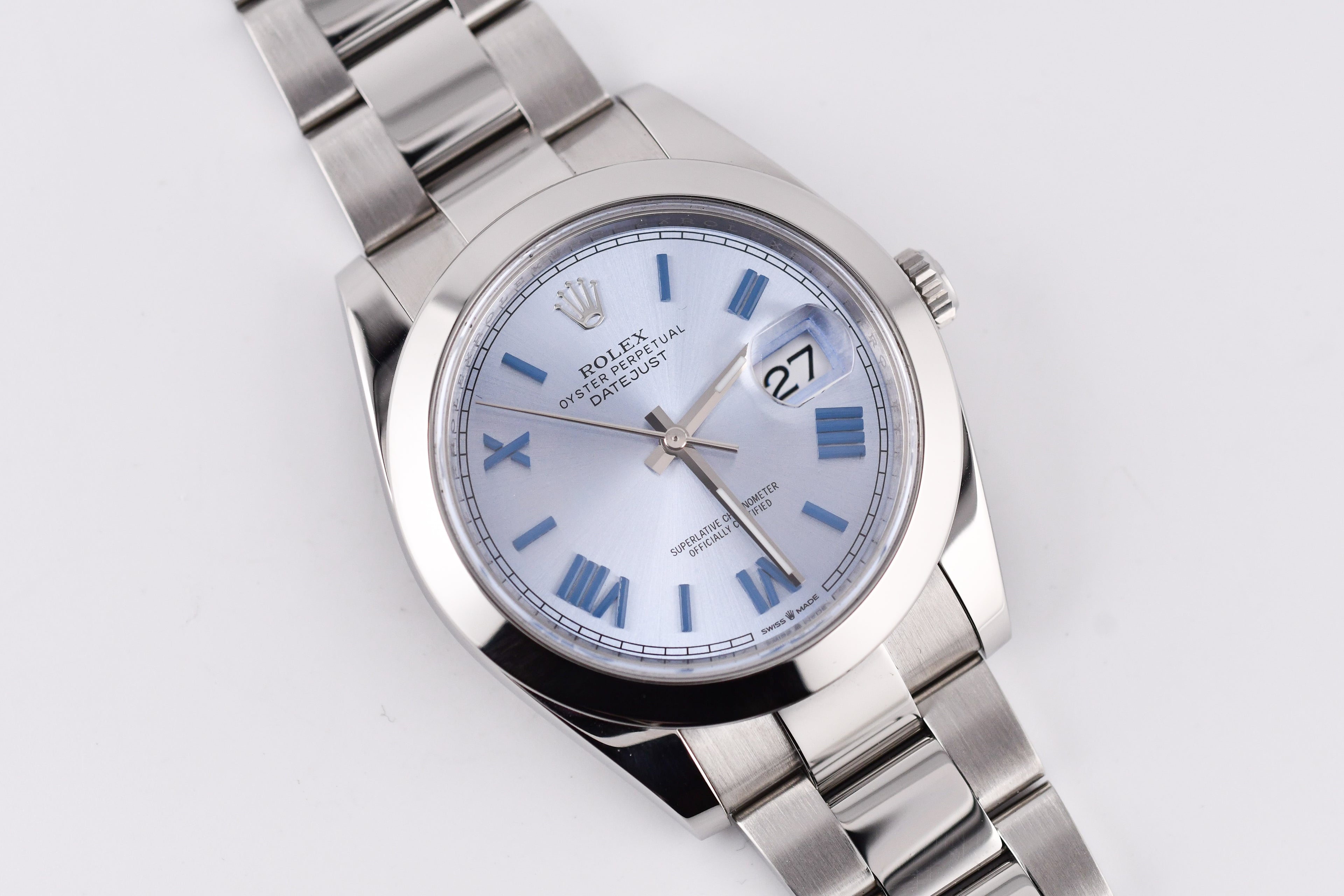 Rolex Datejust 41mm Ref 126300 Custom Ice Blue Dial with Blue Roman Numerals
