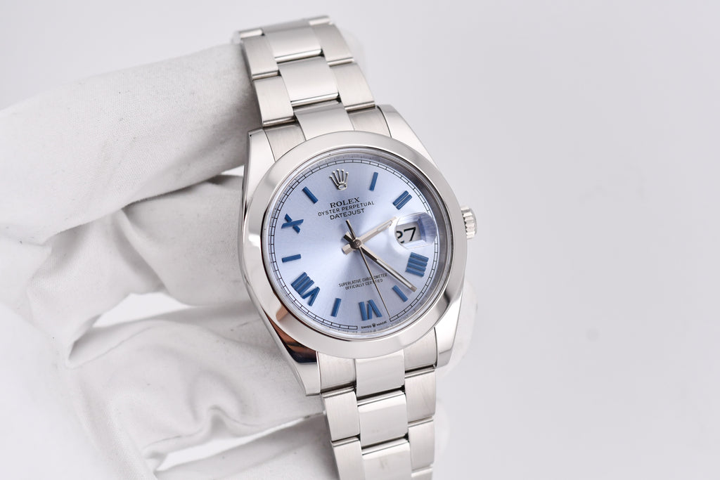 Rolex Datejust 41mm Ref 126300 Custom Ice Blue Dial with Blue Roman Numerals