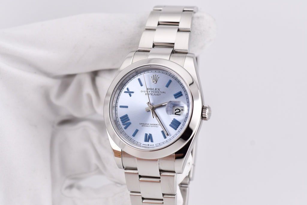 Rolex Datejust 41mm Ref 126300 Custom Ice Blue Dial with Blue Roman Numerals