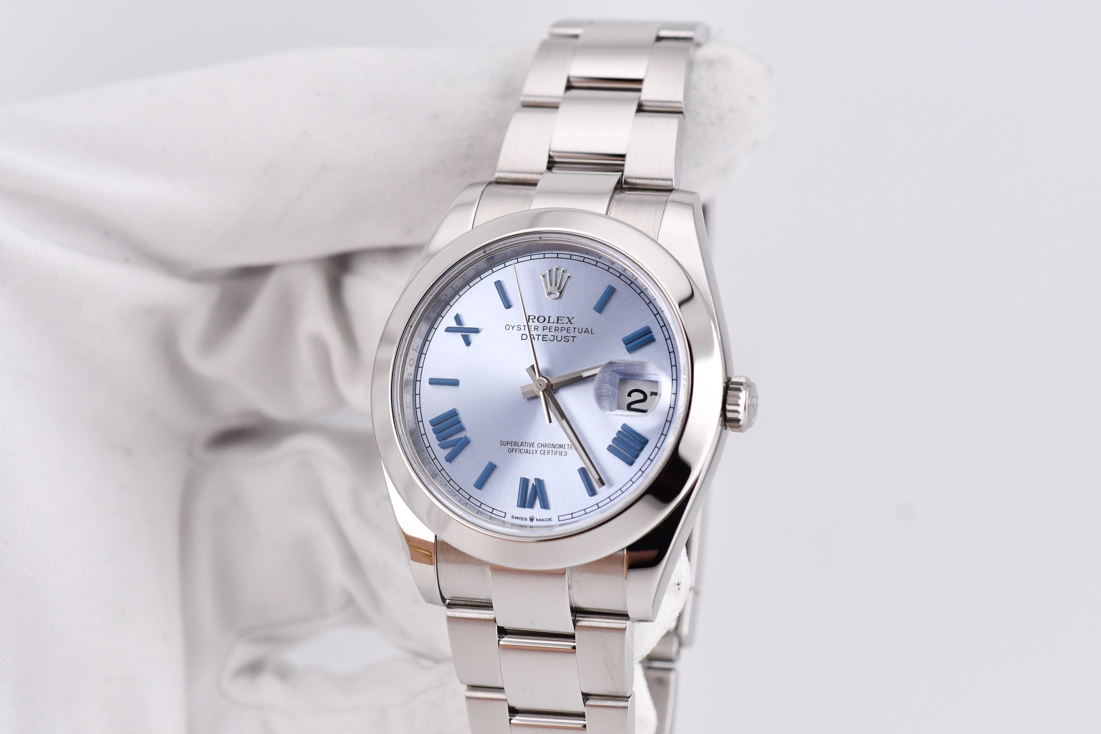 Rolex Datejust 41mm Ref 126300 Custom Ice Blue Dial with Blue Roman Numerals