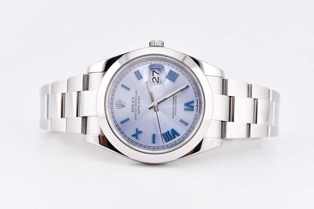 Rolex Datejust 41mm Ref 126300 Custom Ice Blue Dial with Blue Roman Numerals