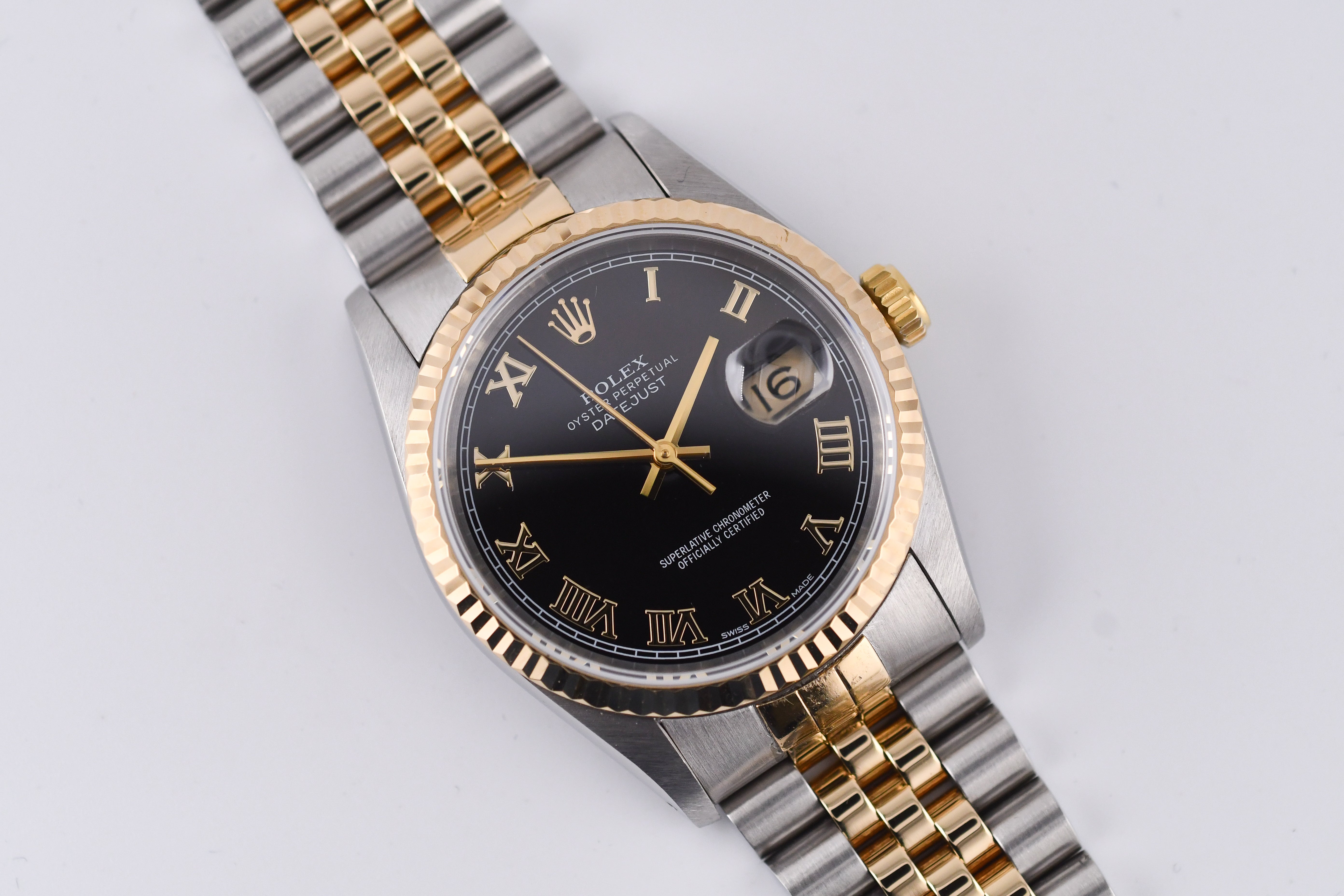 Rolex Datejust 36mm Ref 16233 Yellow Gold Bezel Black Roman Dial