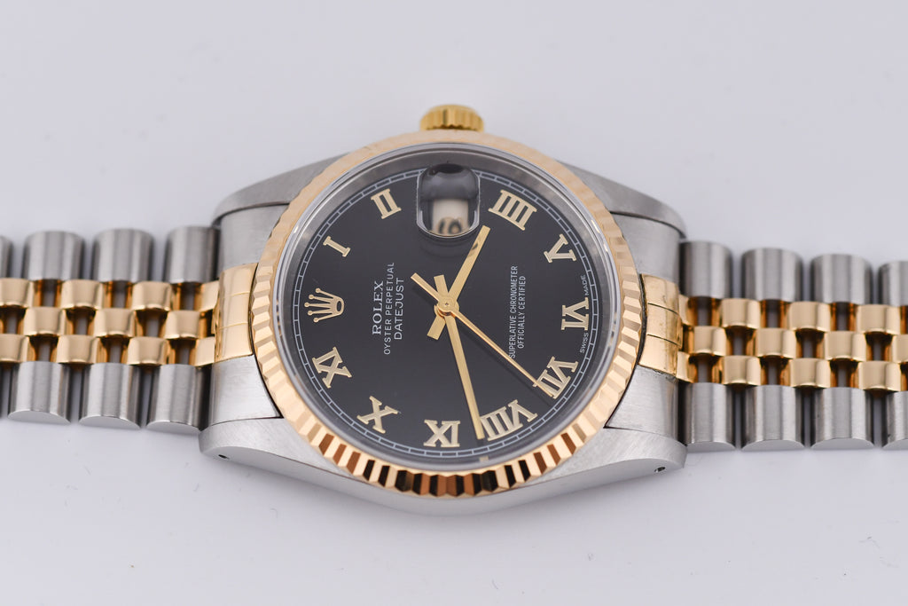 Rolex Datejust 36mm Ref 16233 Yellow Gold Bezel Black Roman Dial