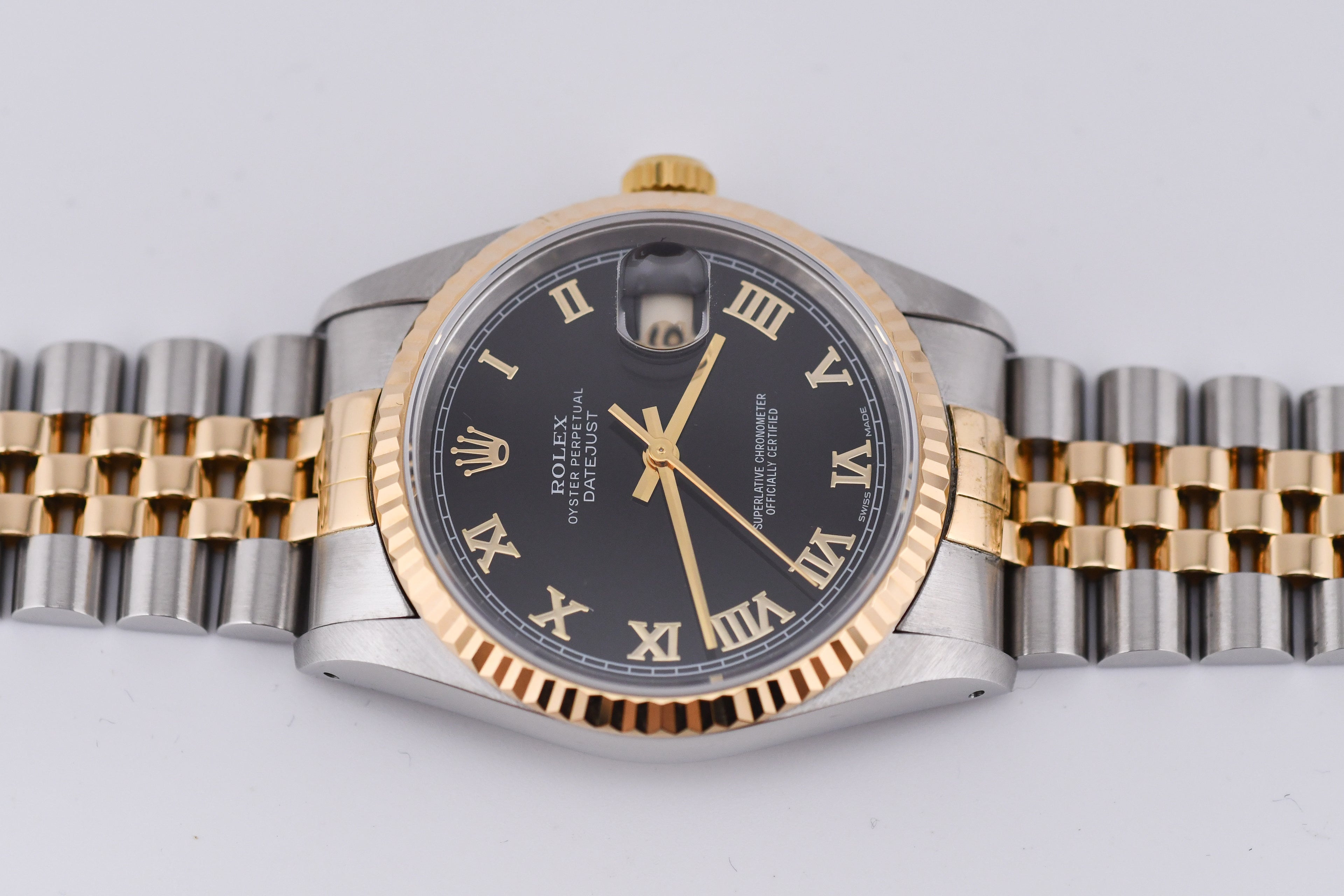 Rolex Datejust 36mm Ref 16233 Yellow Gold Bezel Black Roman Dial
