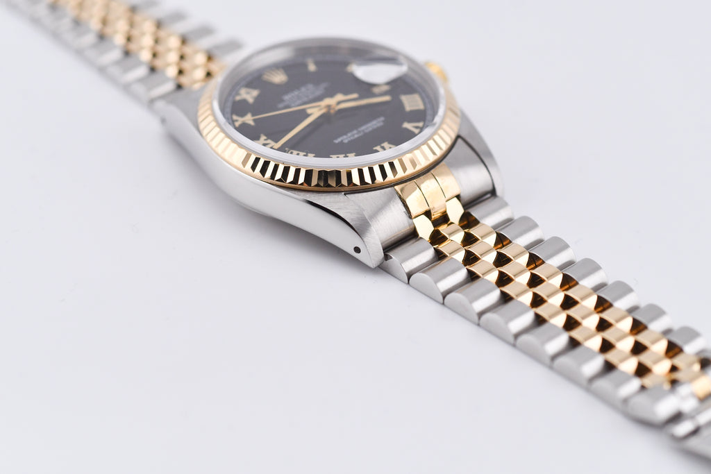 Rolex Datejust 36mm Ref 16233 Yellow Gold Bezel Black Roman Dial