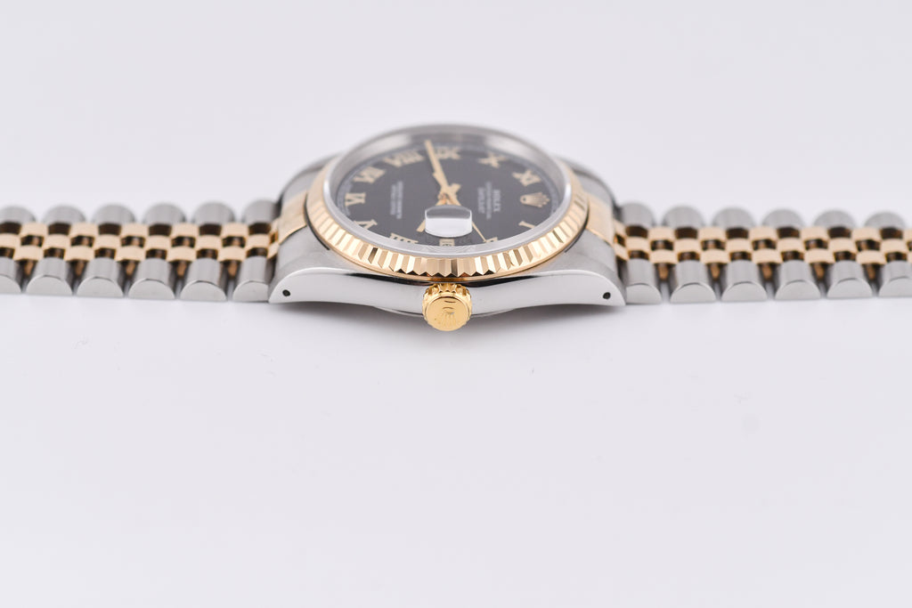 Rolex Datejust 36mm Ref 16233 Yellow Gold Bezel Black Roman Dial