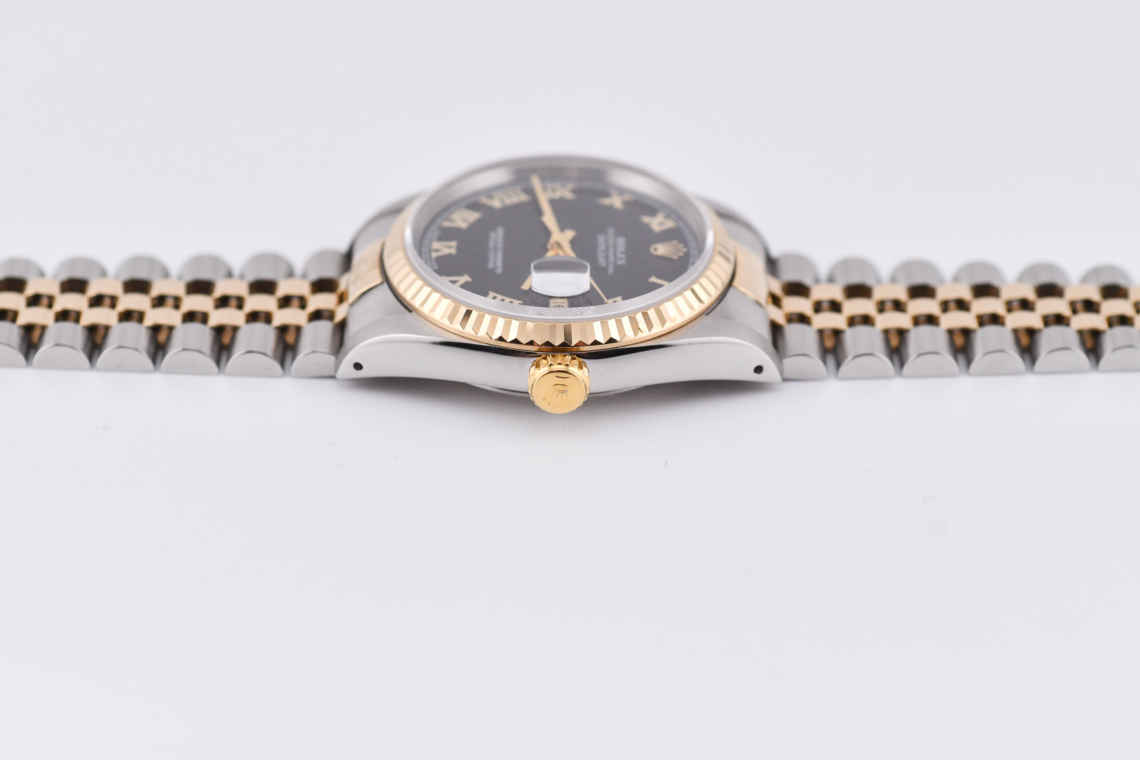 Rolex Datejust 36mm Ref 16233 Yellow Gold Bezel Black Roman Dial