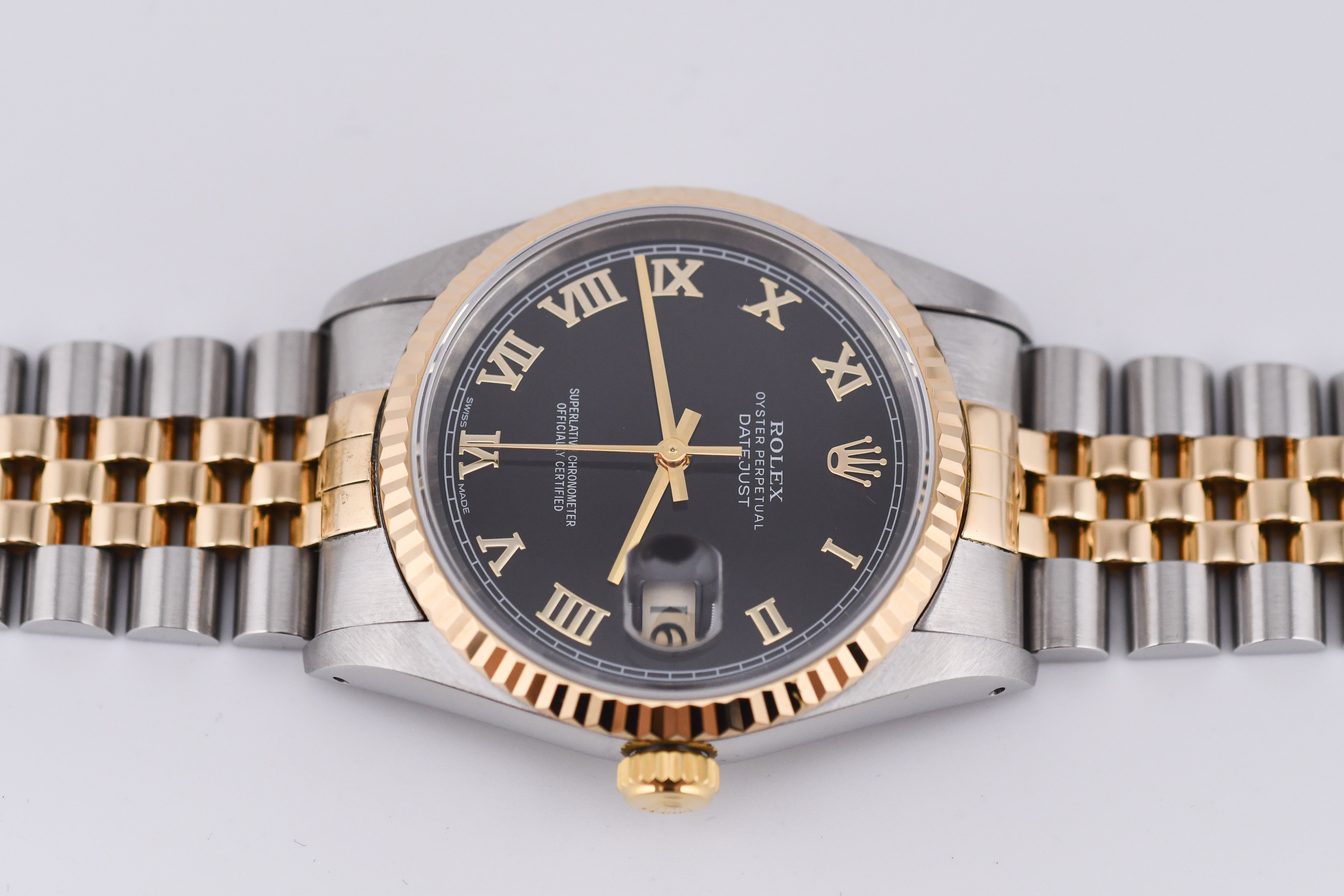 Rolex Datejust 36mm Ref 16233 Yellow Gold Bezel Black Roman Dial