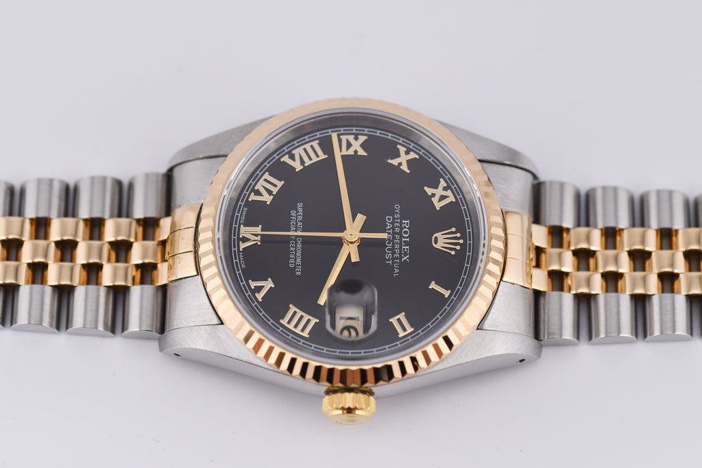 Rolex Datejust 36mm Ref 16233 Yellow Gold Bezel Black Roman Dial