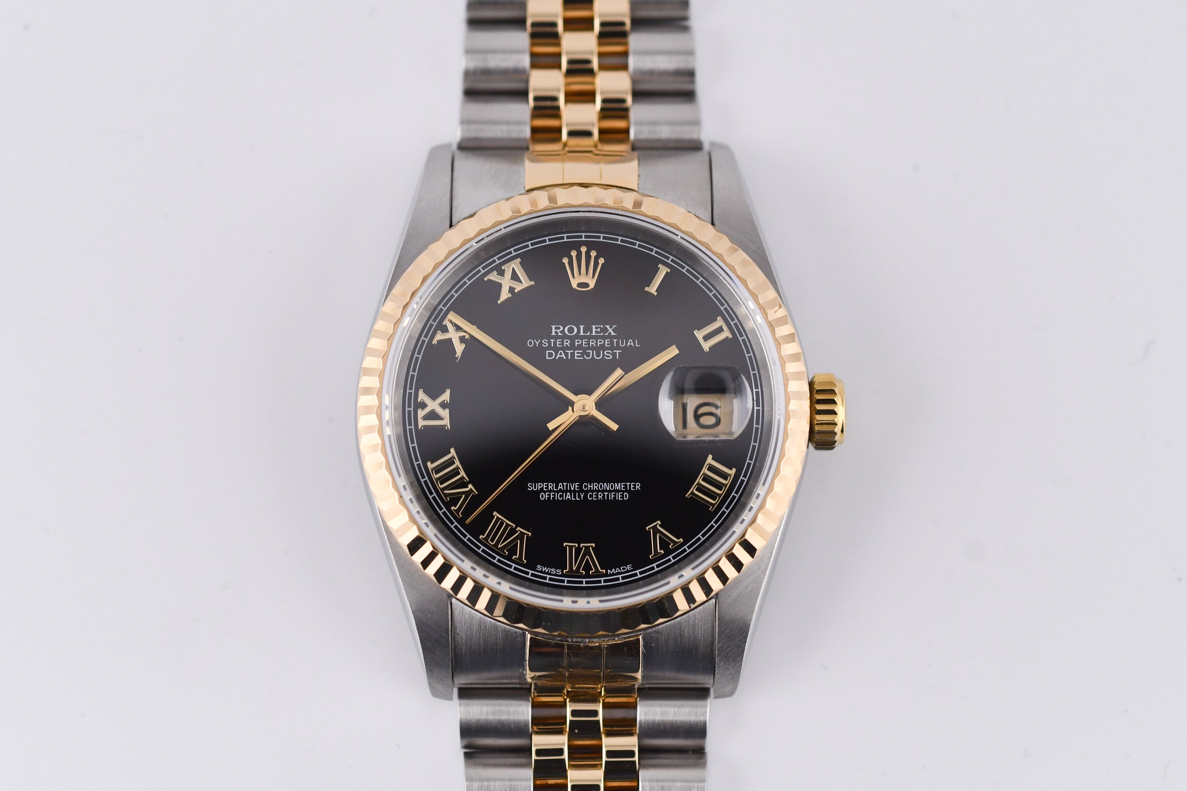 Rolex Datejust 36mm Ref 16233 Yellow Gold Bezel Black Roman Dial