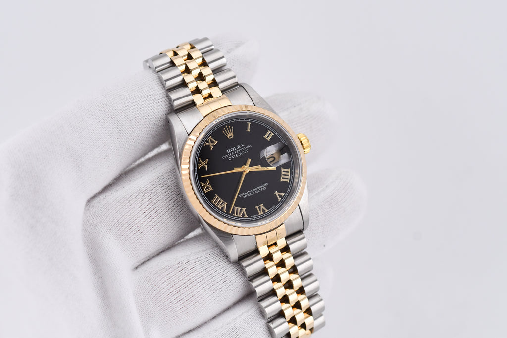 Rolex Datejust 36mm Ref 16233 Yellow Gold Bezel Black Roman Dial