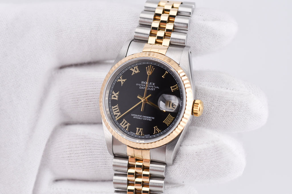 Rolex Datejust 36mm Ref 16233 Yellow Gold Bezel Black Roman Dial