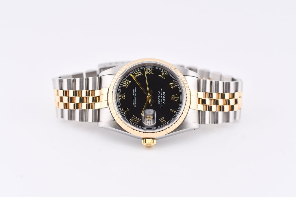 Rolex Datejust 36mm Ref 16233 Yellow Gold Bezel Black Roman Dial