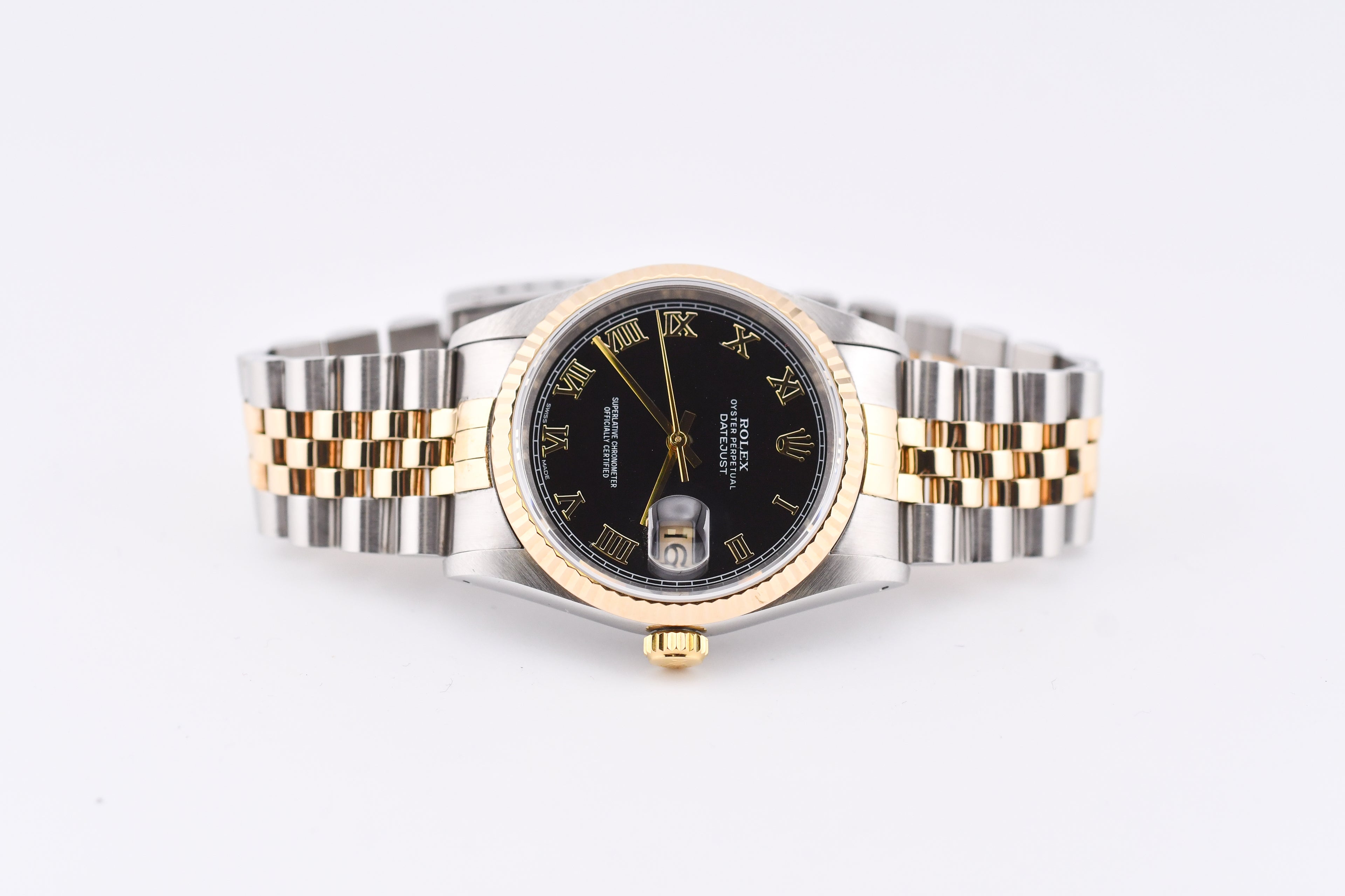 Rolex Datejust 36mm Ref 16233 Yellow Gold Bezel Black Roman Dial