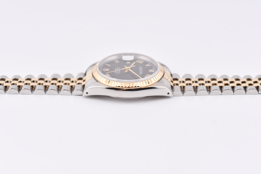 Rolex Datejust 36mm Ref 16233 Yellow Gold Bezel Black Roman Dial