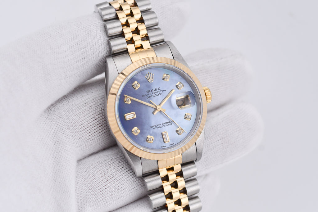 Rolex Datejust 36mm Ref 16233 Yellow Gold Bezel Blue Mother of Pearl Dial