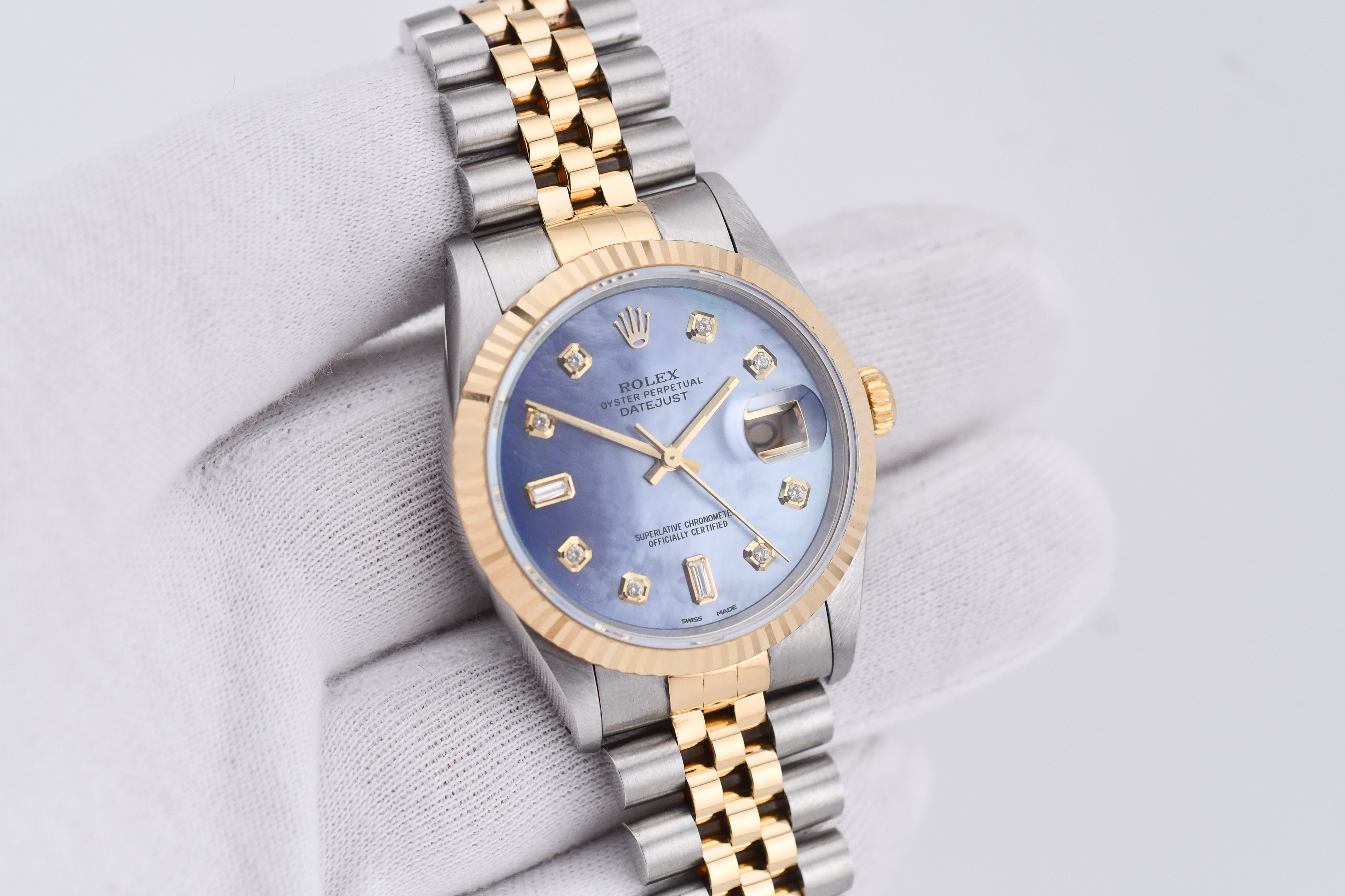 Rolex Datejust 36mm Ref 16233 Yellow Gold Bezel Blue Mother of Pearl Dial
