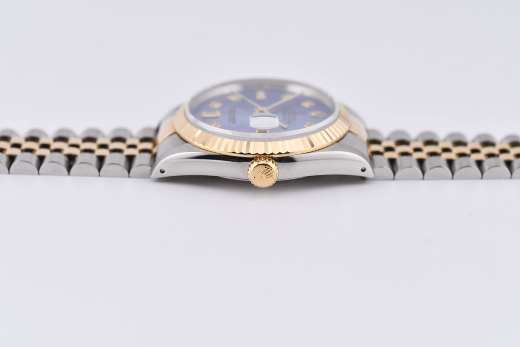 Rolex Datejust 36mm Ref 16233 Yellow Gold Bezel Blue Mother of Pearl Dial