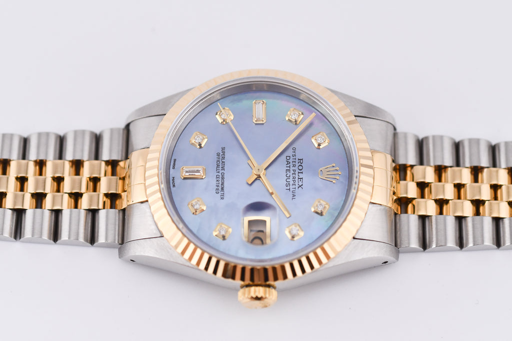 Rolex Datejust 36mm Ref 16233 Yellow Gold Bezel Blue Mother of Pearl Dial