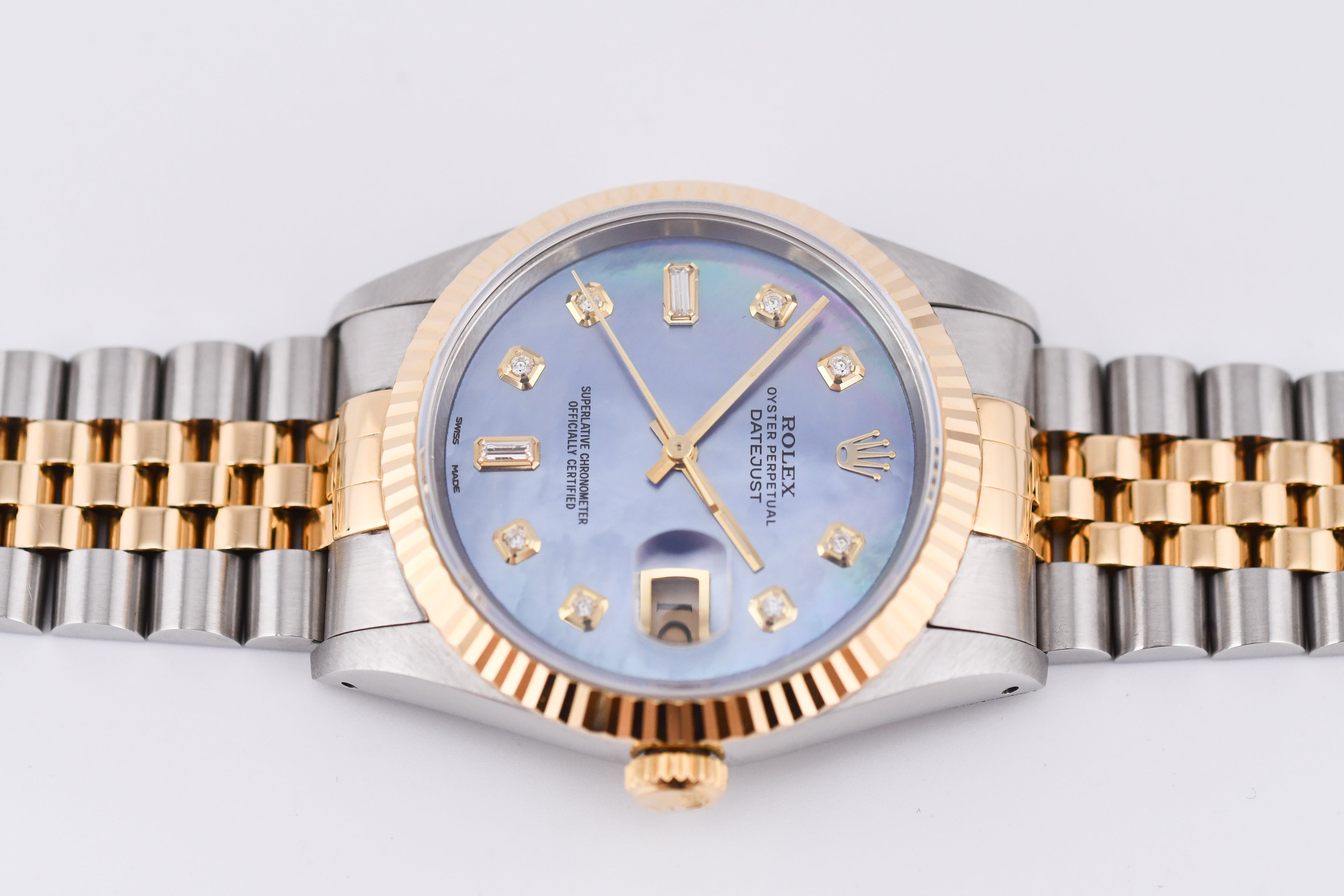 Rolex Datejust 36mm Ref 16233 Yellow Gold Bezel Blue Mother of Pearl Dial