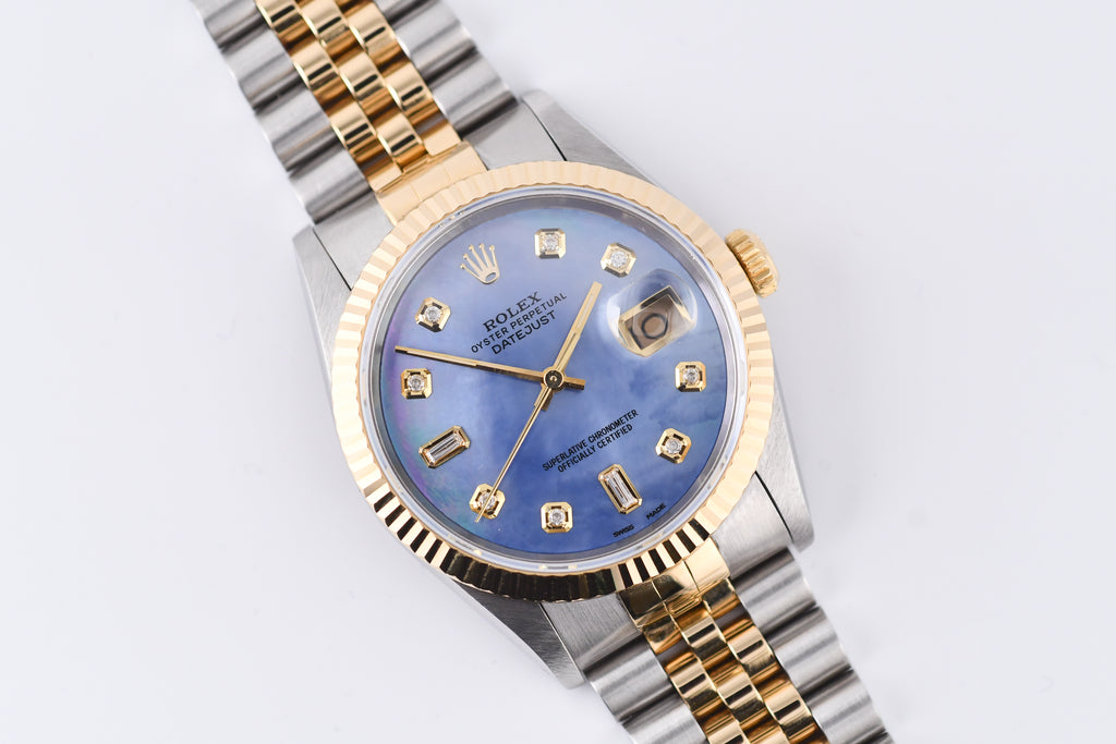 Rolex Datejust 36mm Ref 16233 Yellow Gold Bezel Blue Mother of Pearl Dial