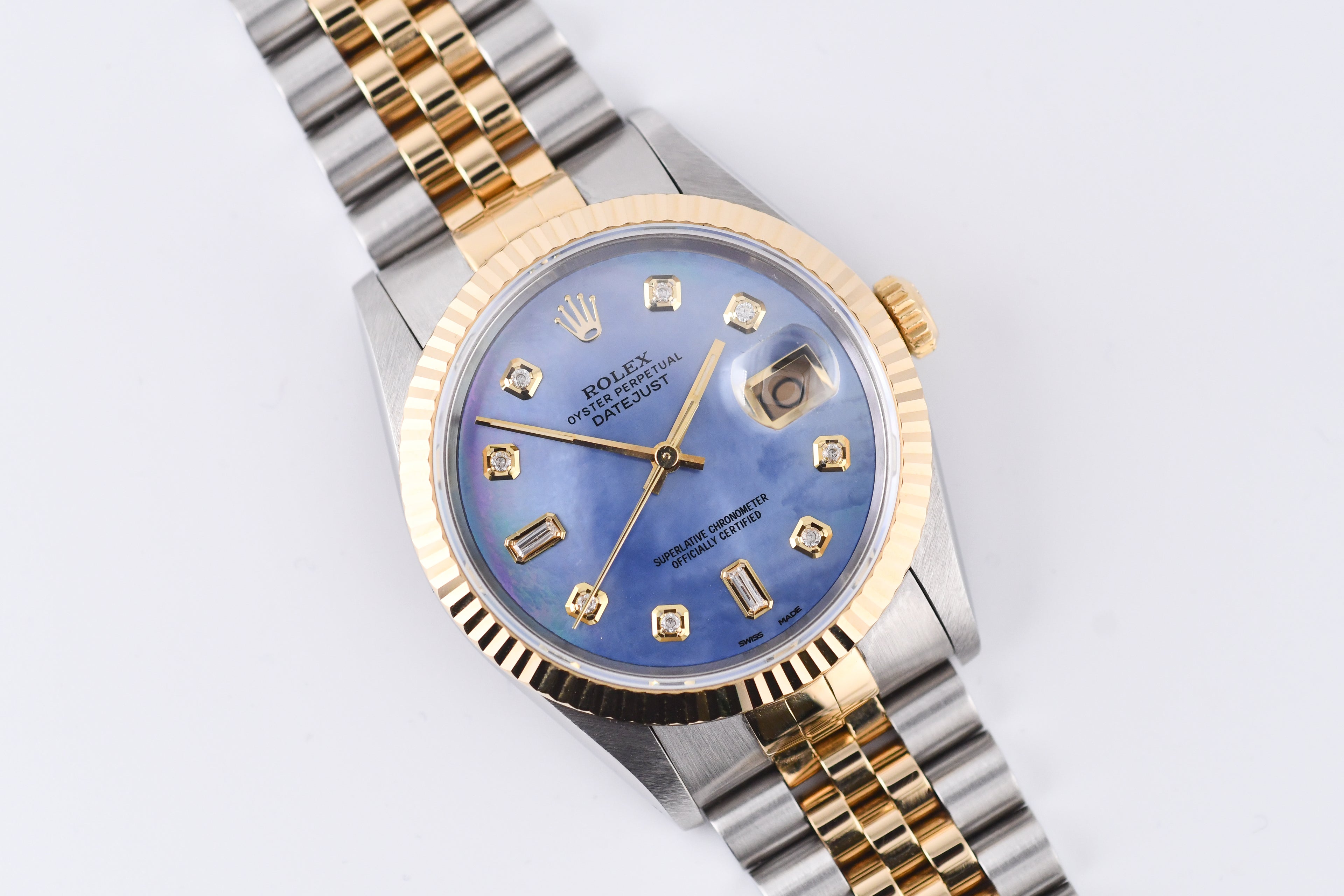 Rolex Datejust 36mm Ref 16233 Yellow Gold Bezel Blue Mother of Pearl Dial