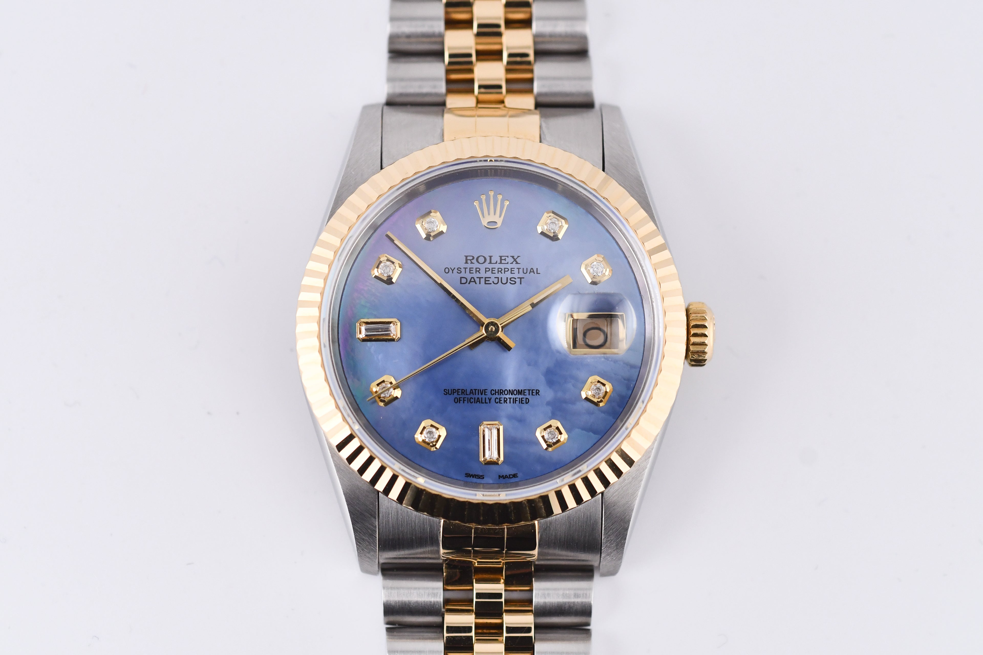 Rolex Datejust 36mm Ref 16233 Yellow Gold Bezel Blue Mother of Pearl Dial