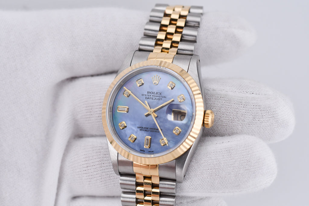 Rolex Datejust 36mm Ref 16233 Yellow Gold Bezel Blue Mother of Pearl Dial