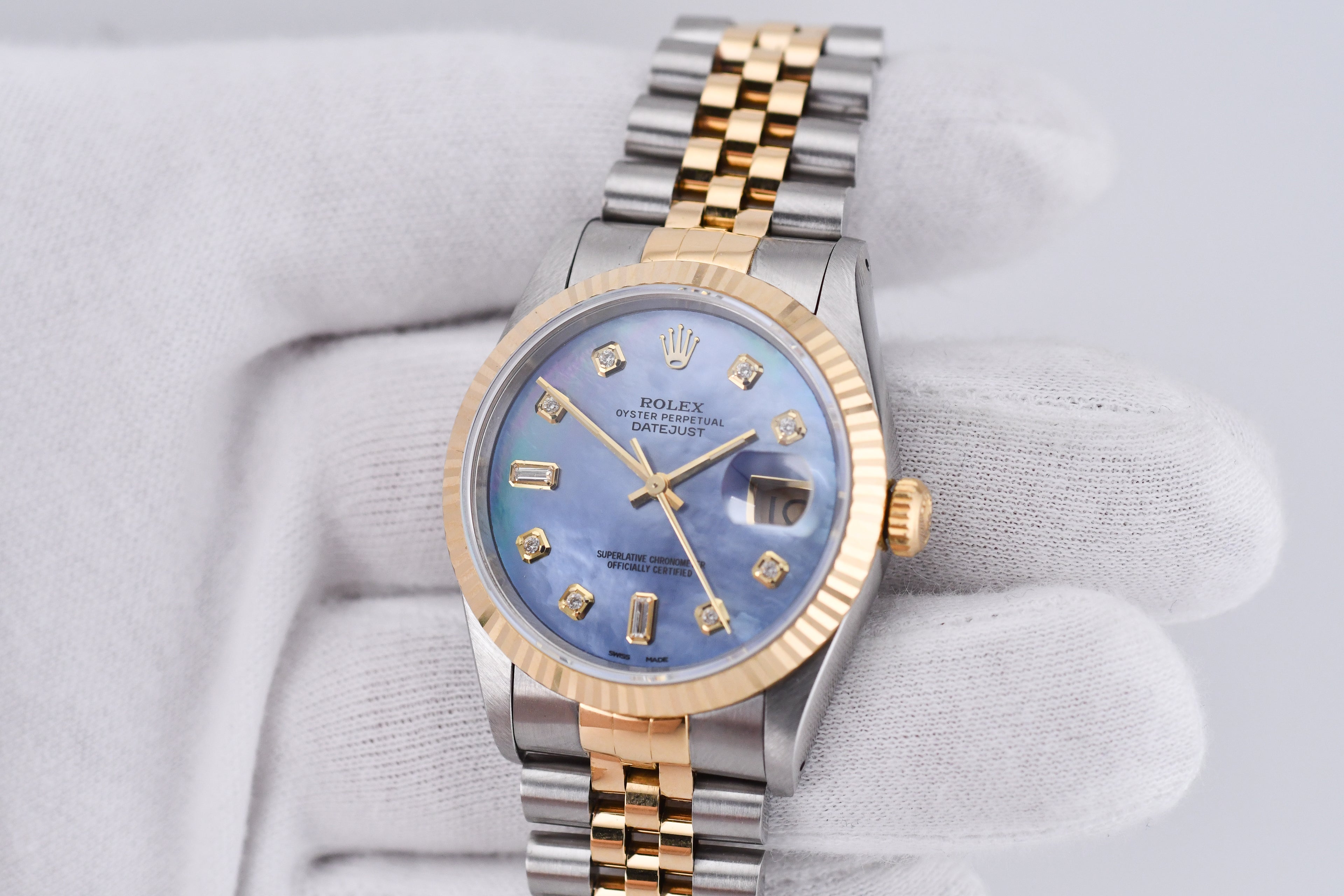 Rolex Datejust 36mm Ref 16233 Yellow Gold Bezel Blue Mother of Pearl Dial