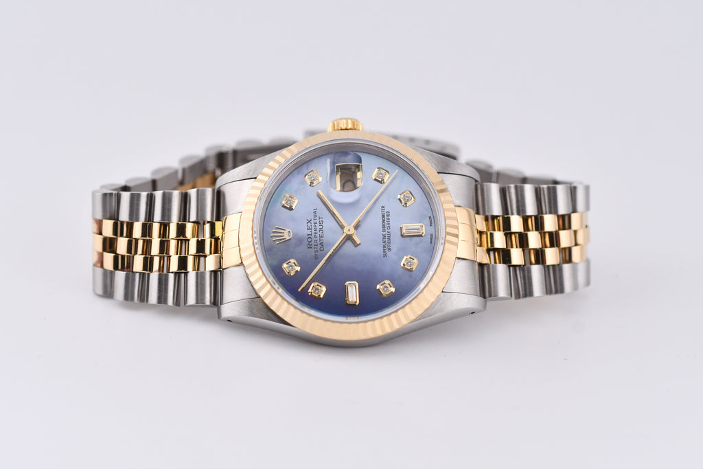 Rolex Datejust 36mm Ref 16233 Yellow Gold Bezel Blue Mother of Pearl Dial