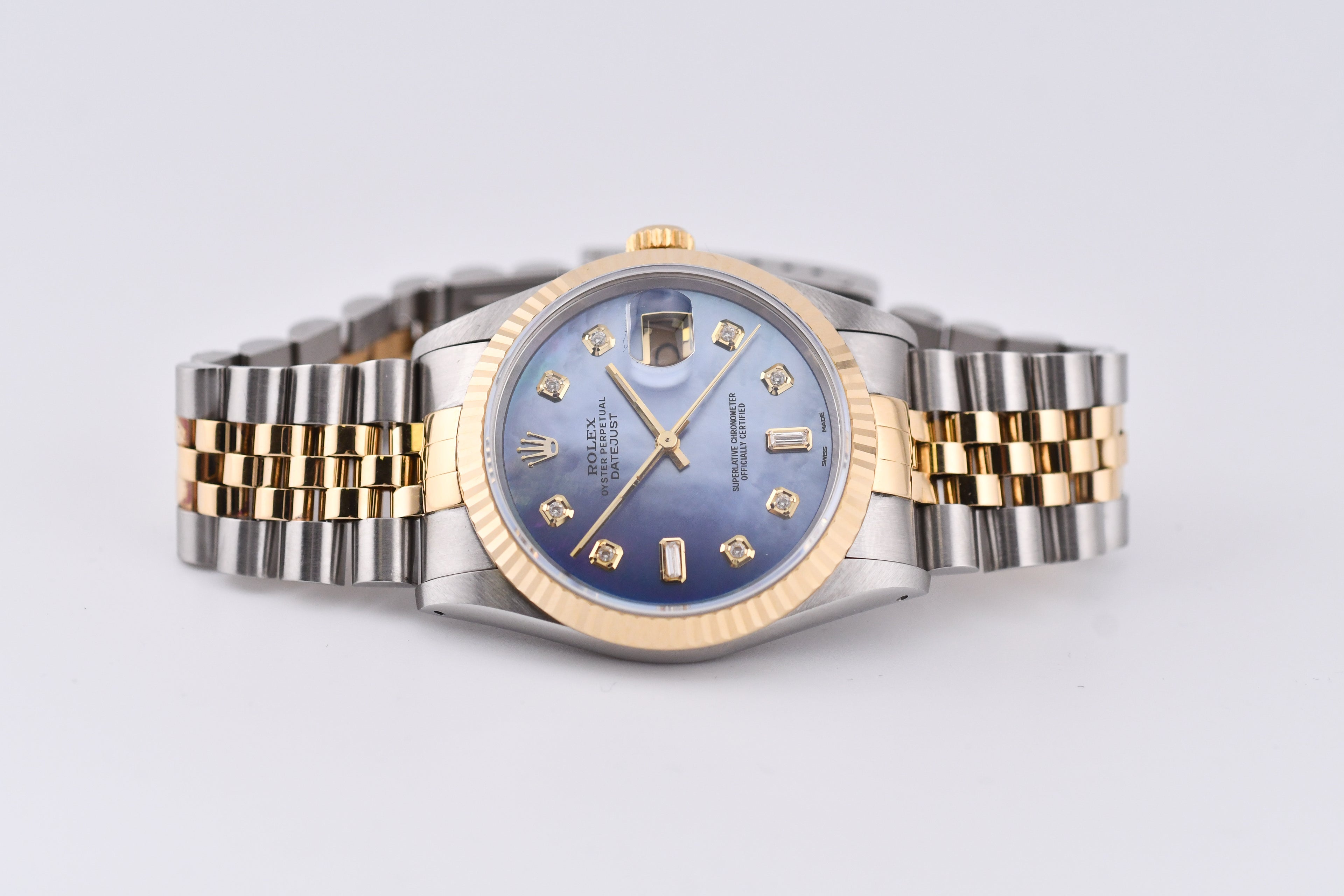 Rolex Datejust 36mm Ref 16233 Yellow Gold Bezel Blue Mother of Pearl Dial