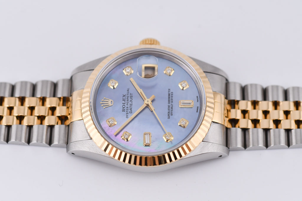 Rolex Datejust 36mm Ref 16233 Yellow Gold Bezel Blue Mother of Pearl Dial