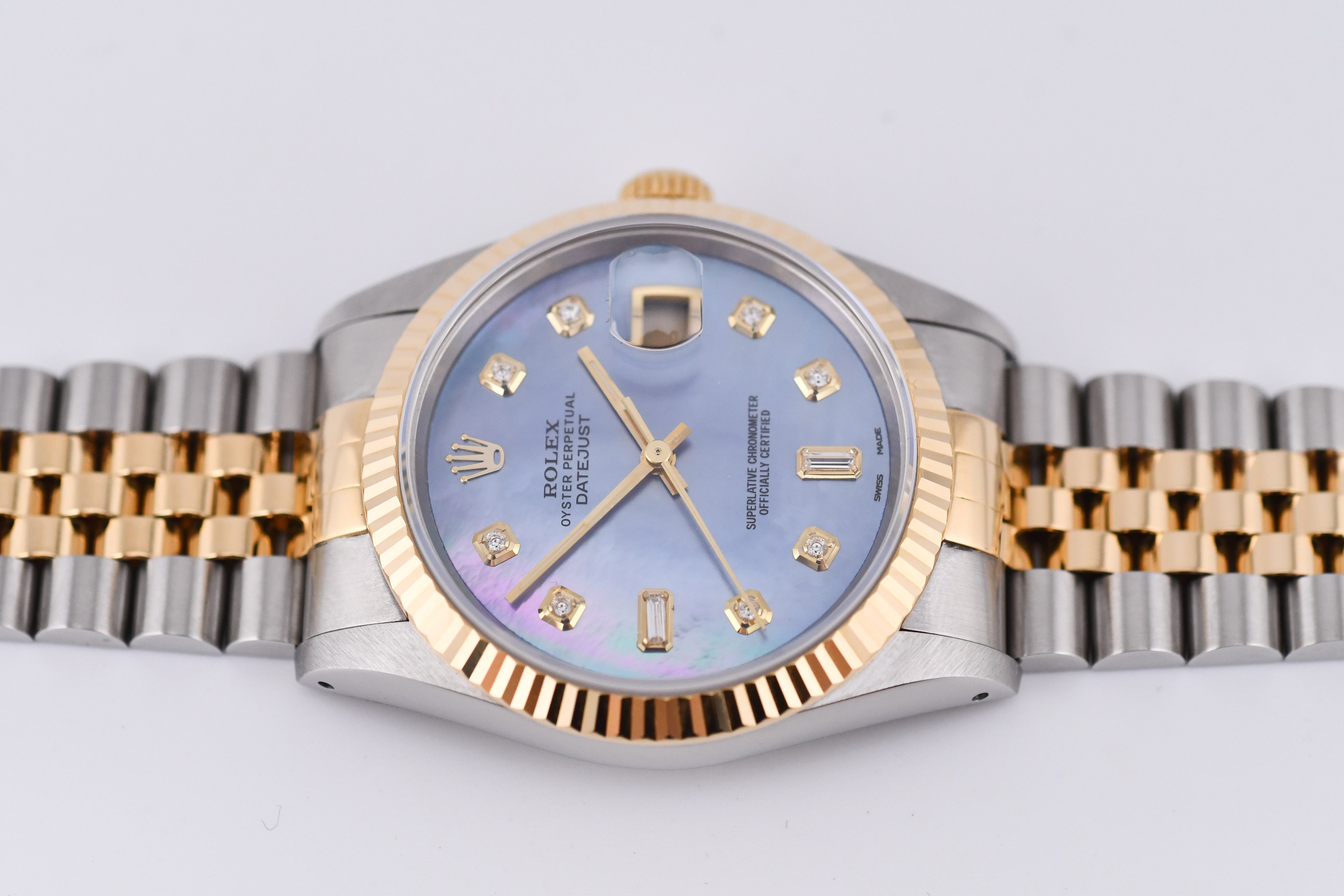 Rolex Datejust 36mm Ref 16233 Yellow Gold Bezel Blue Mother of Pearl Dial