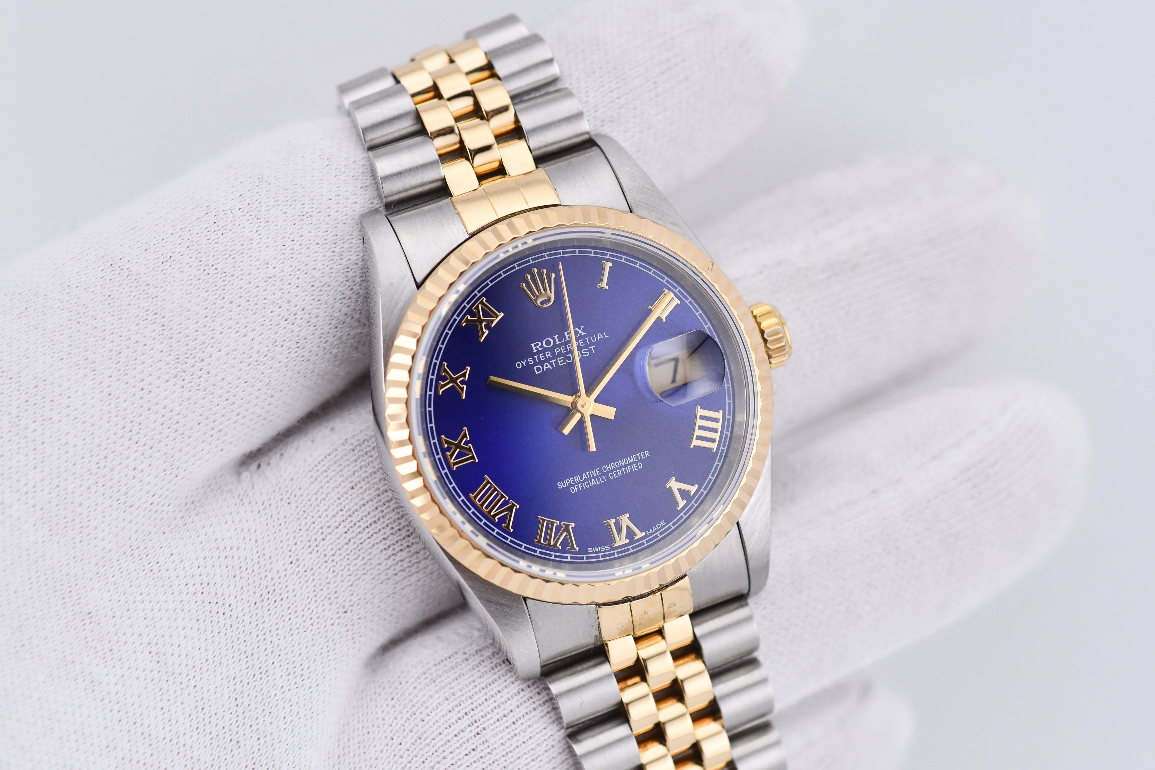 Rolex Datejust 36mm Ref 16233 Yellow Gold Bezel Blue Roman Dial