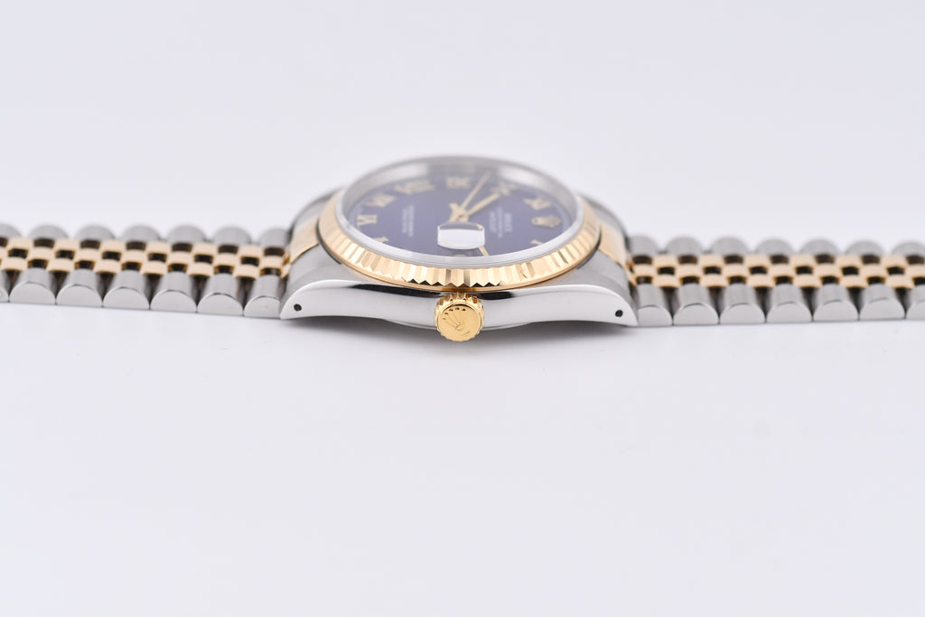 Rolex Datejust 36mm Ref 16233 Yellow Gold Bezel Blue Roman Dial