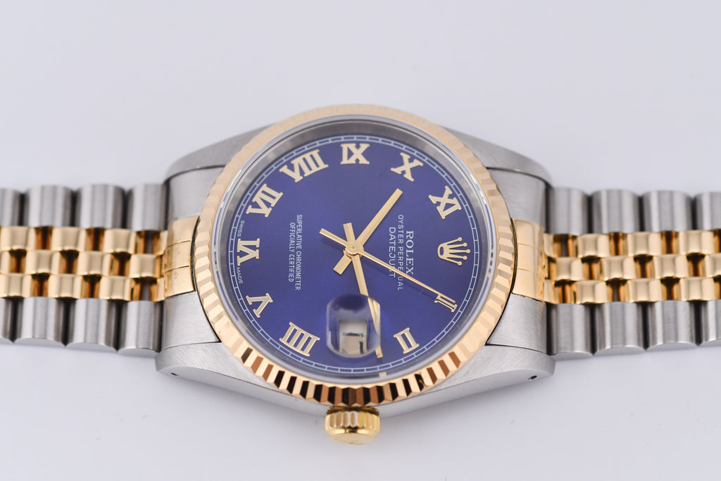 Rolex Datejust 36mm Ref 16233 Yellow Gold Bezel Blue Roman Dial